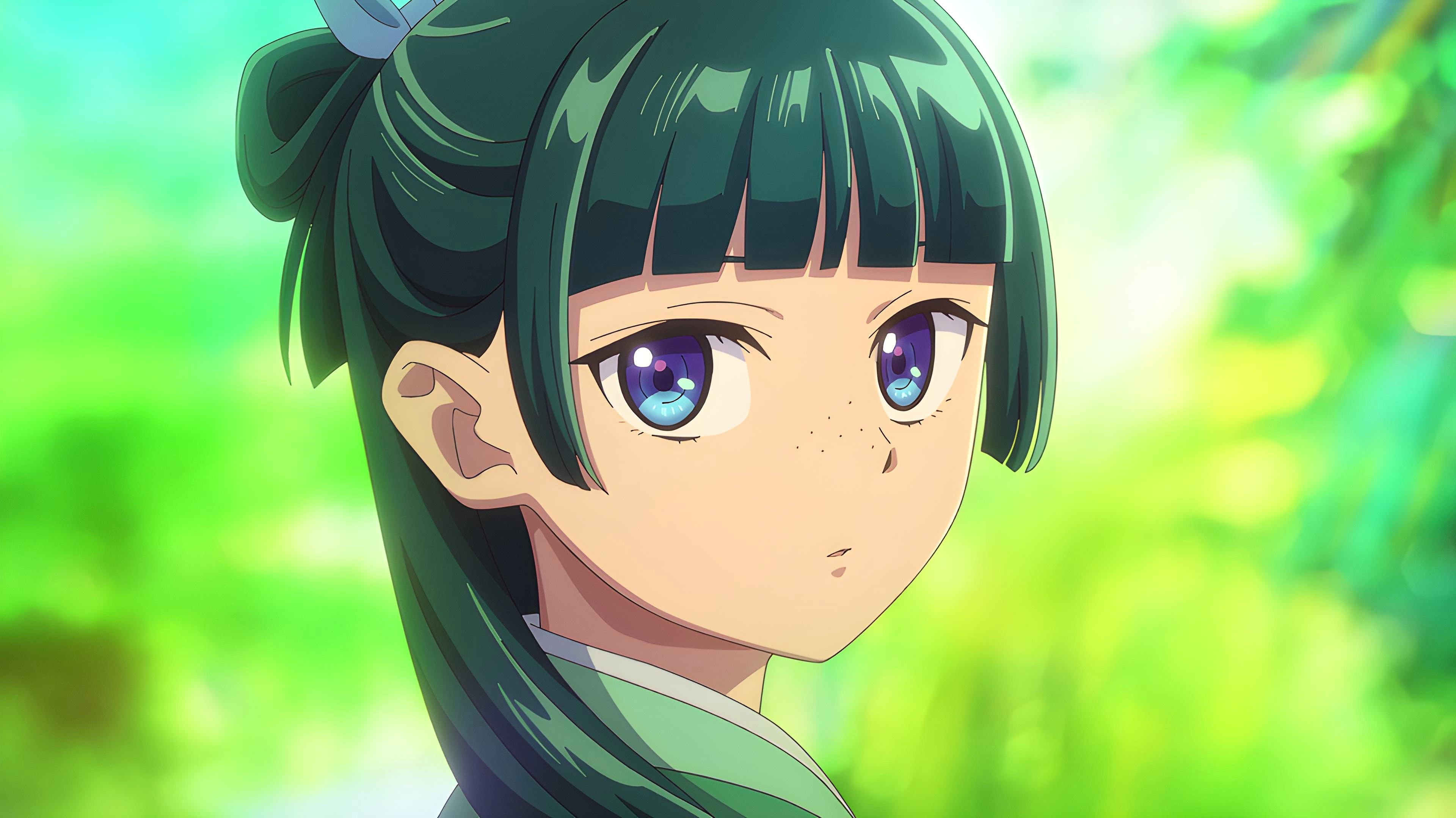 Anime 3840x2160 The Apothecary Diaries Maomao anime green hair looking back Anime screenshot blue eyes anime girls parted lips looking at viewer bangs blurry background sunlight freckles long hair face