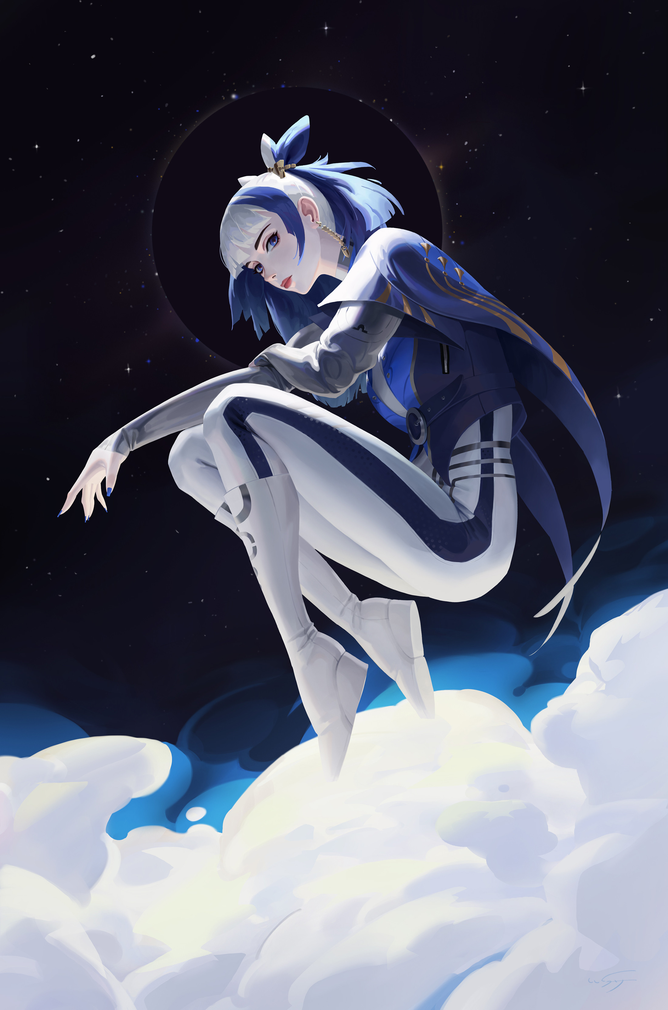 General 2200x3322 Wu Shenyou drawing women blue clothing clouds long earrings digital art portrait display stars looking at viewer closed mouth short hair two tone hair long sleeves bent legs shoe sole blue nails painted nails looking sideways earring cape space bangs blue eyes