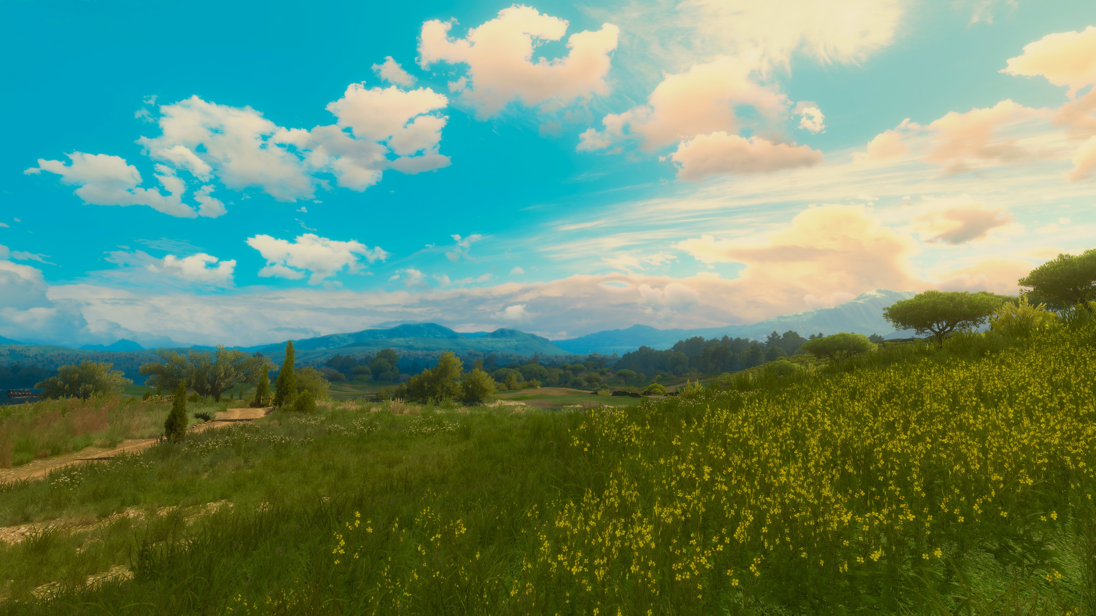 General 3840x2160 tussent landscape sunlight sky trees clouds nature forest flowers video games PC gaming video game art screen shot The Witcher 3: Wild Hunt CGI digital art