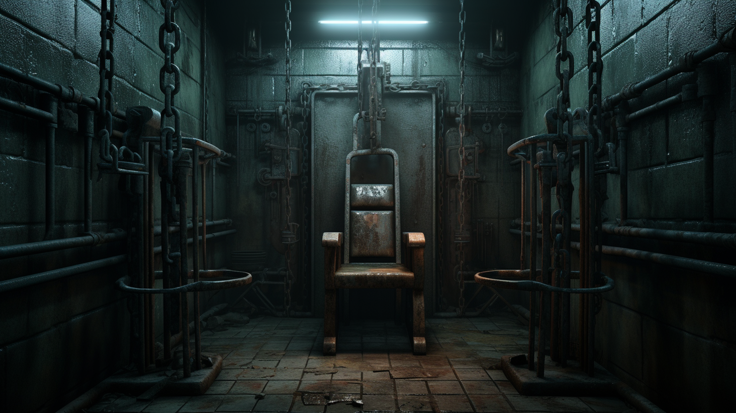 General 1456x816 AI art dungeon torture chamber dark chair straps chains blood tile floor dirty