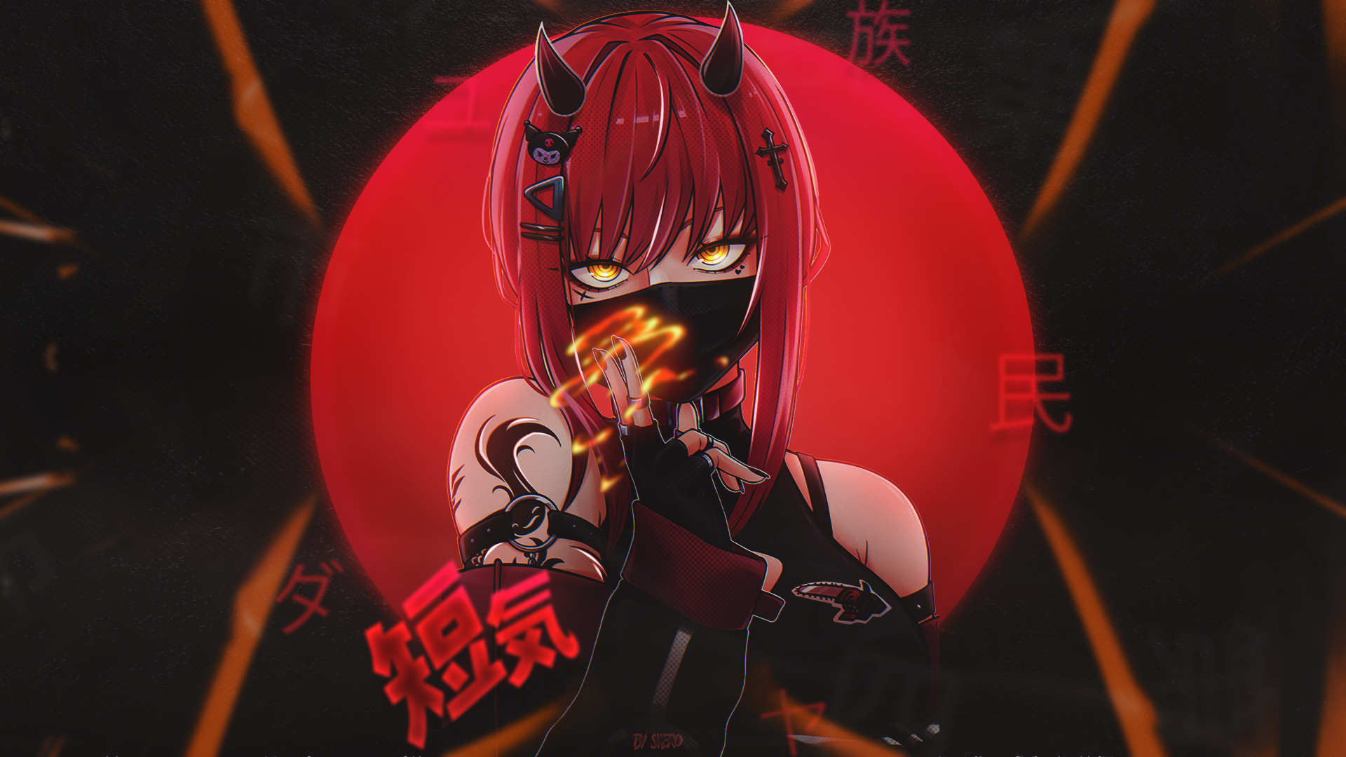 Anime 1920x1080 anime girls Chainsaw Man Makima (Chainsaw Man) ninja girl black red deamons looking at viewer simple background anime hair between eyes smiling ringed eyes black nails bare shoulders hair clip hair ornament redhead yellow eyes long sleeves sidelocks painted nails kanji