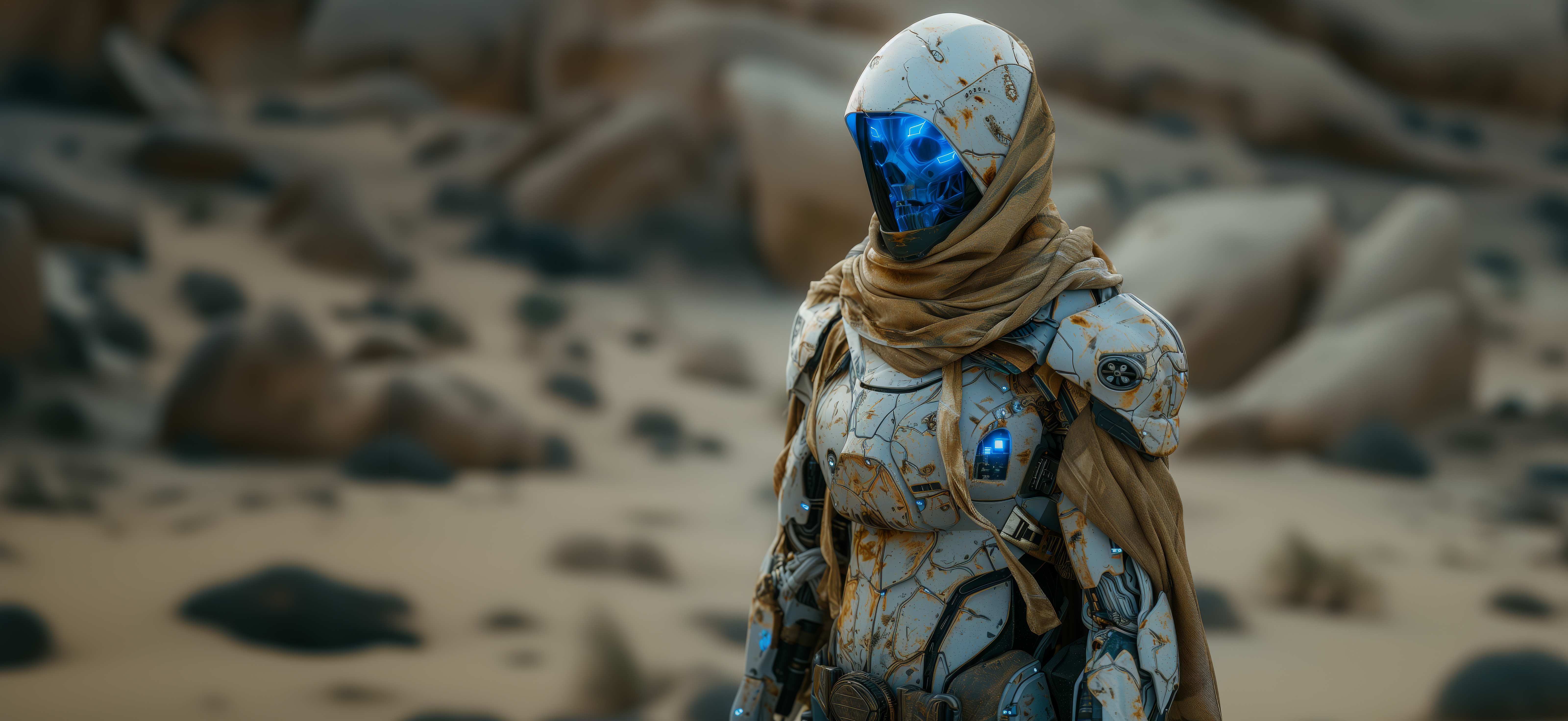 General 6400x2944 AI art skull blue science fiction desert character design  cloth blurred blurry background standing