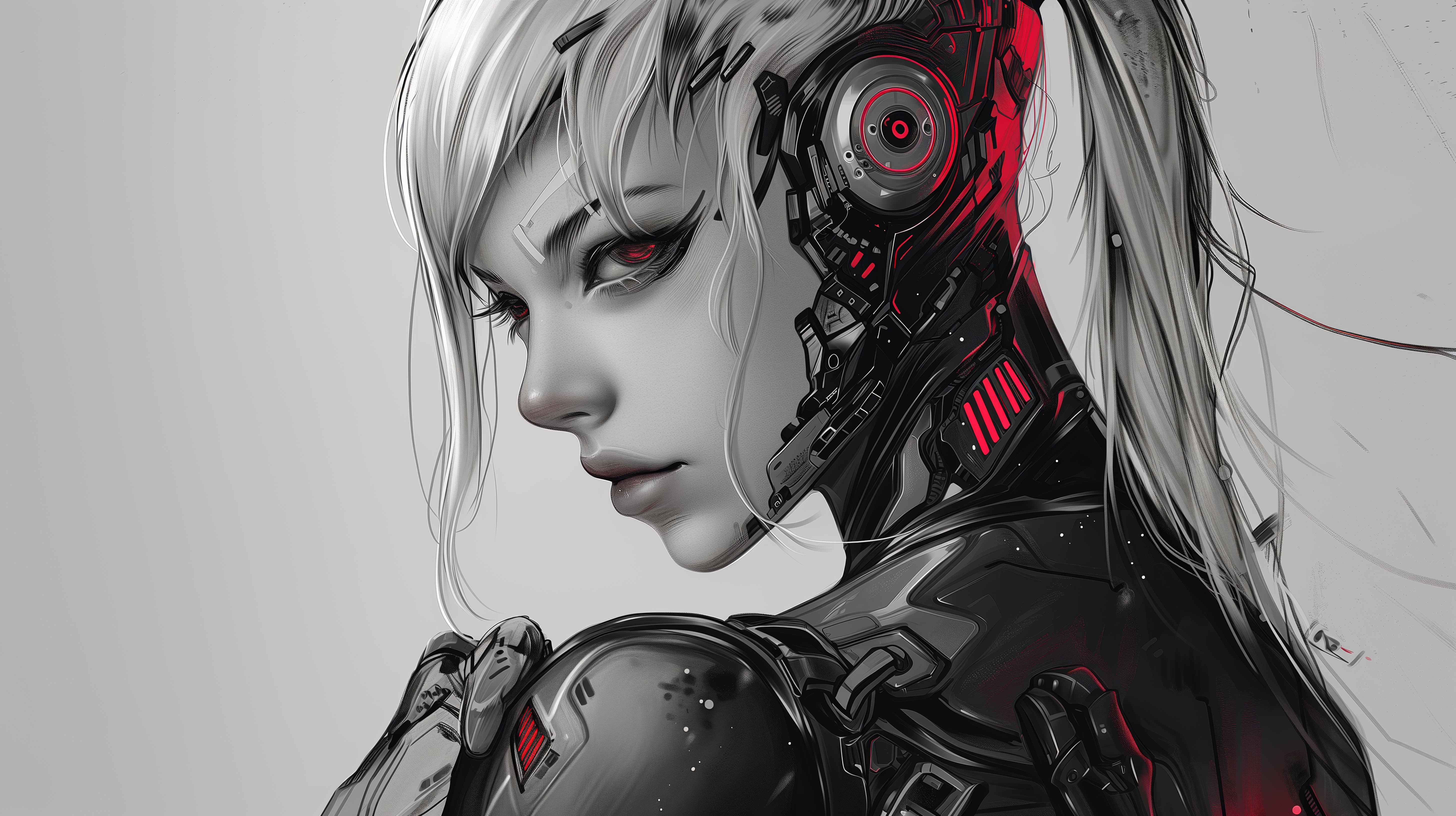 General 5824x3264 AI art women cyberpunk cyborg red illustration science fiction long hair looking at viewer ponytail closed mouth red eyes simple background face