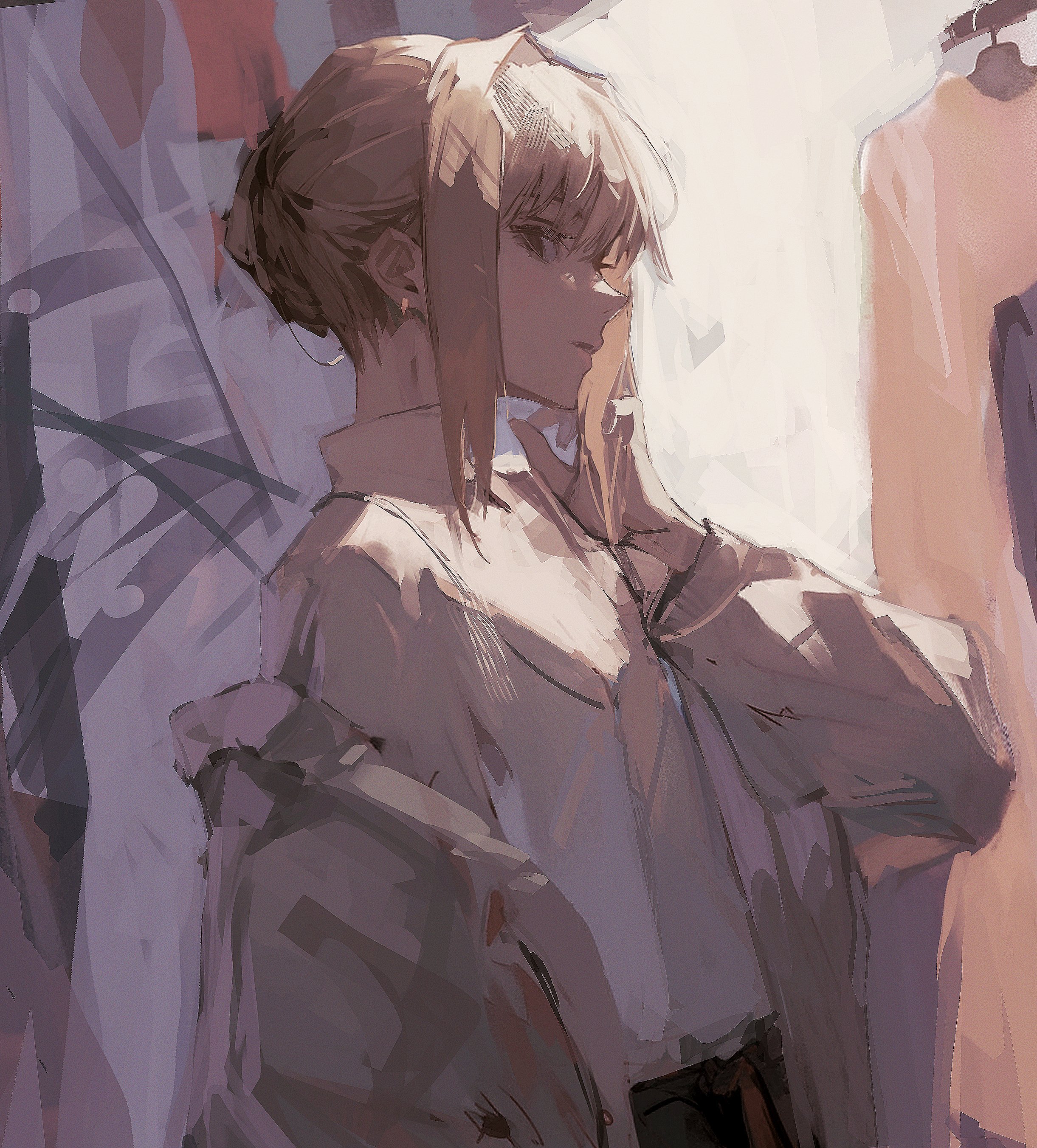 Anime 2442x2704 96yottea anime anime girls Saber looking at viewer standing Fate series parted lips looking sideways blonde long sleeves touching face off shoulder short hair portrait display jacket