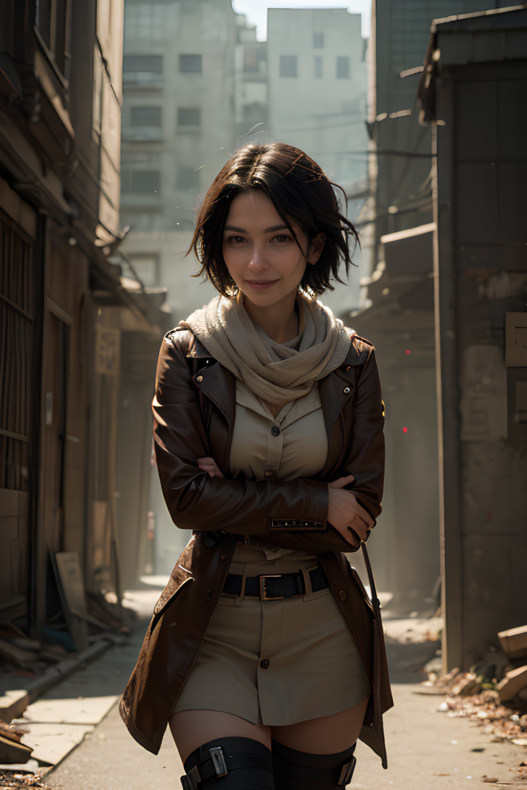 General 1024x1536 AI art women digital art artwork Asian looking at viewer arms crossed leather coat shorts depth of field short hair scarf portrait display street closed mouth smiling building long sleeves brunette brown eyes thighs sunlight jacket
