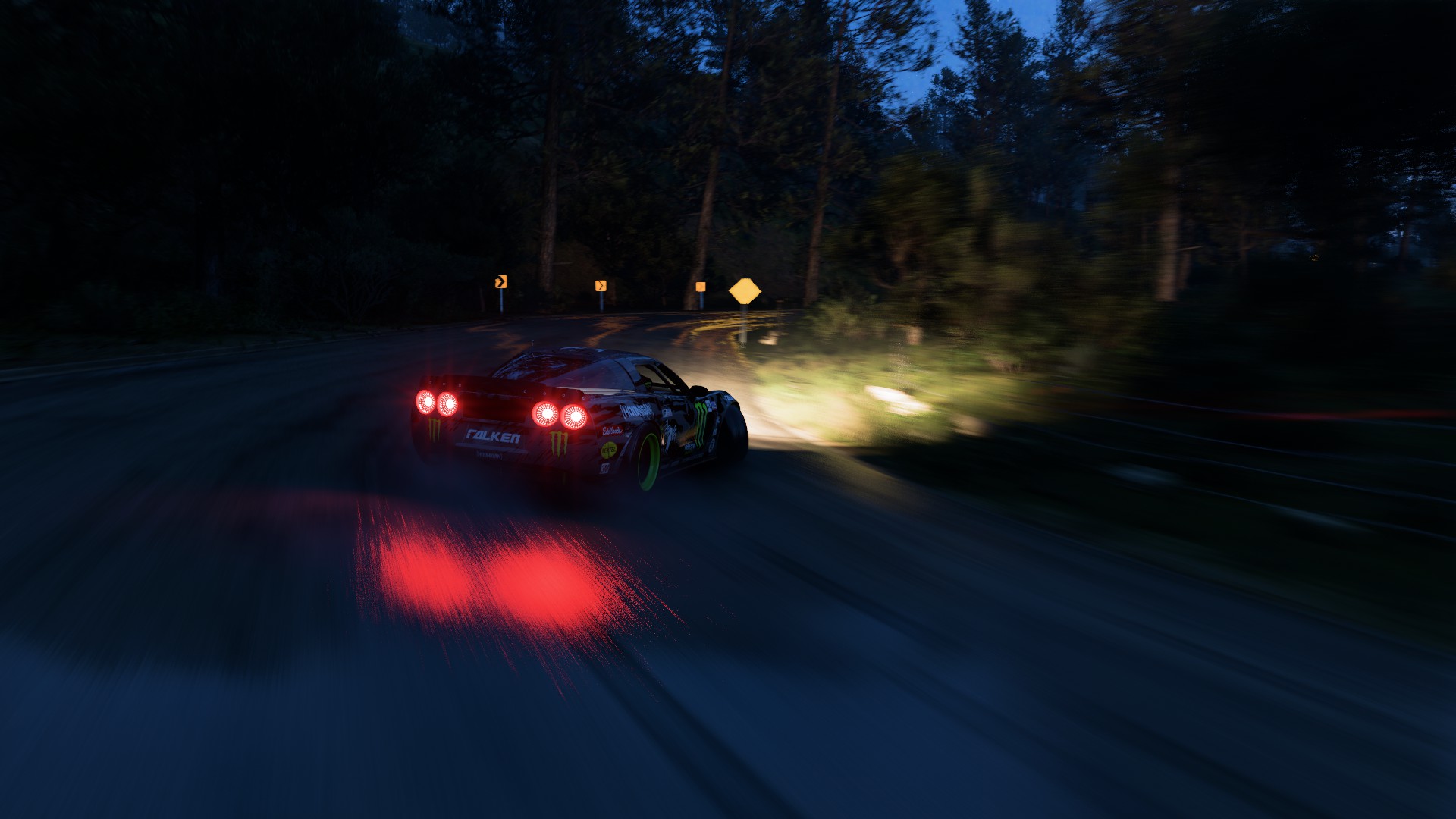 General 1920x1080 Forza Horizon 5 Formula Drift Corvette therapy video games Chevrolet American cars PlaygroundGames livery Turn 10 Studios V8 engine Xbox Game Studios road motion blur taillights rear view driving video game art blurred trees signs CGI arrow (design) headlights