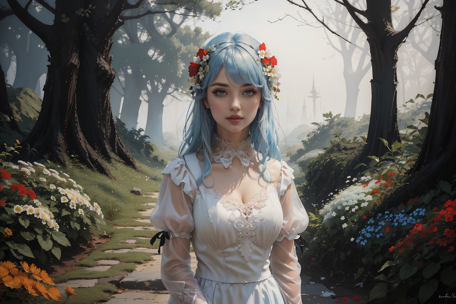 General 1536x1024 AI art digital art hair ornament flower crown white dress Caucasian blue hair forest fantasy girl looking at viewer dress blue eyes