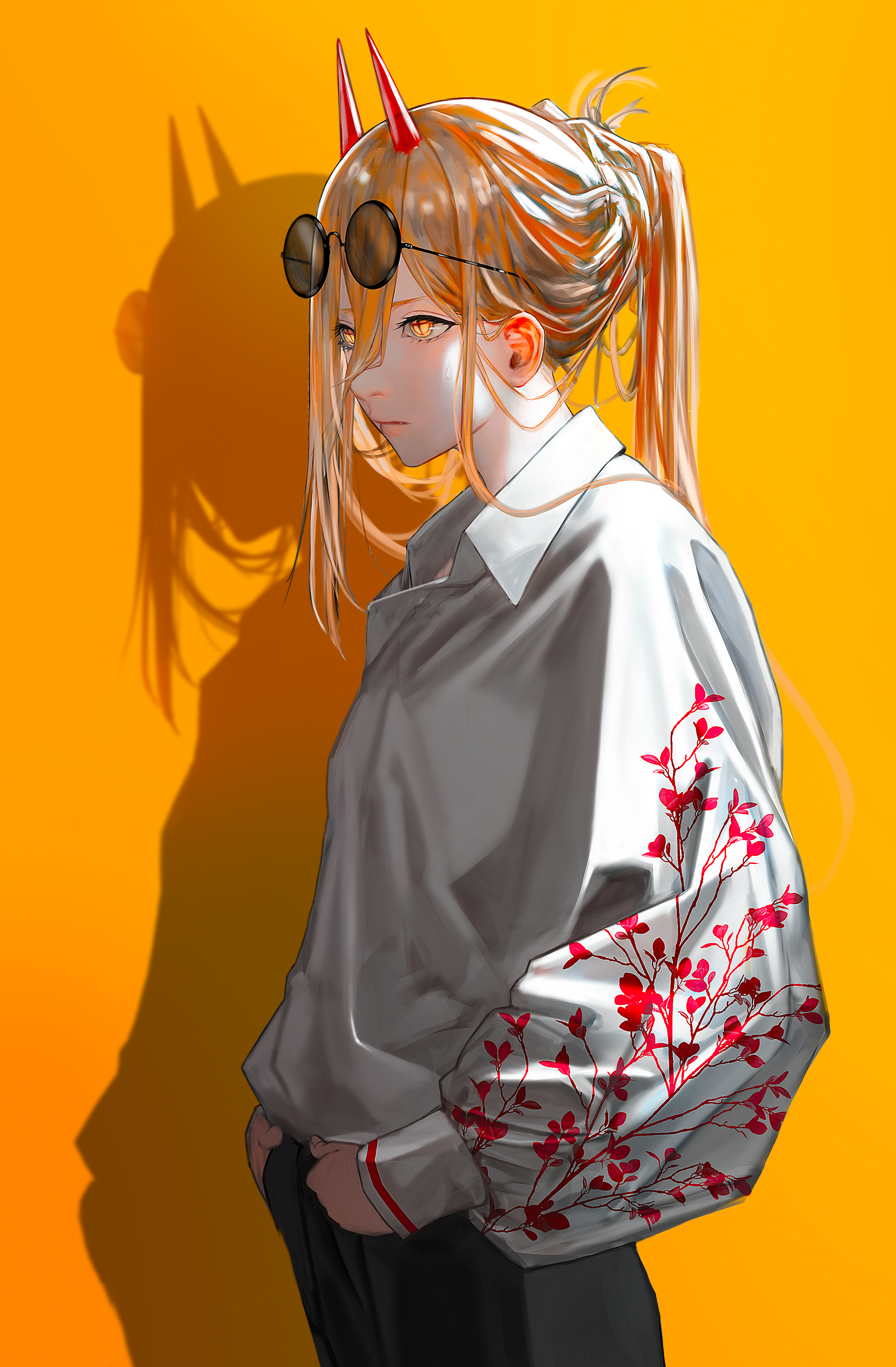 Anime 2092x3190 Power (Chainsaw Man) Chainsaw Man anime portrait display long hair hair between eyes blonde yellow eyes sunglasses women with shades horns shadow long sleeves simple background floral yellow background yellow ponytail standing anime girls closed mouth sweatdrop collared shirt