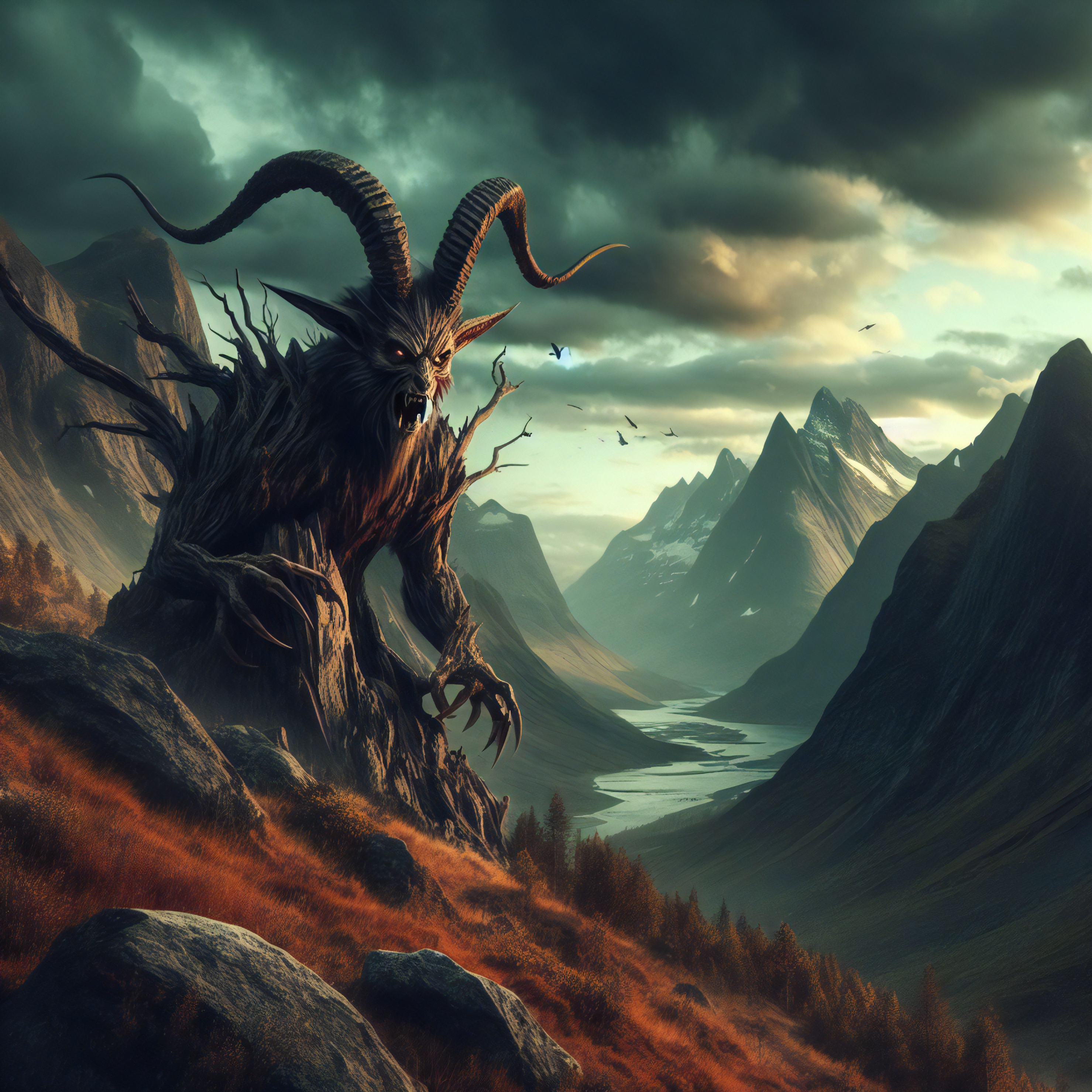 General 2958x2958 AI art vikings Norse mythology norse Ragnarok devil sky creature mountains rocks claws clouds open mouth branch pointy ears horns sunlight nature