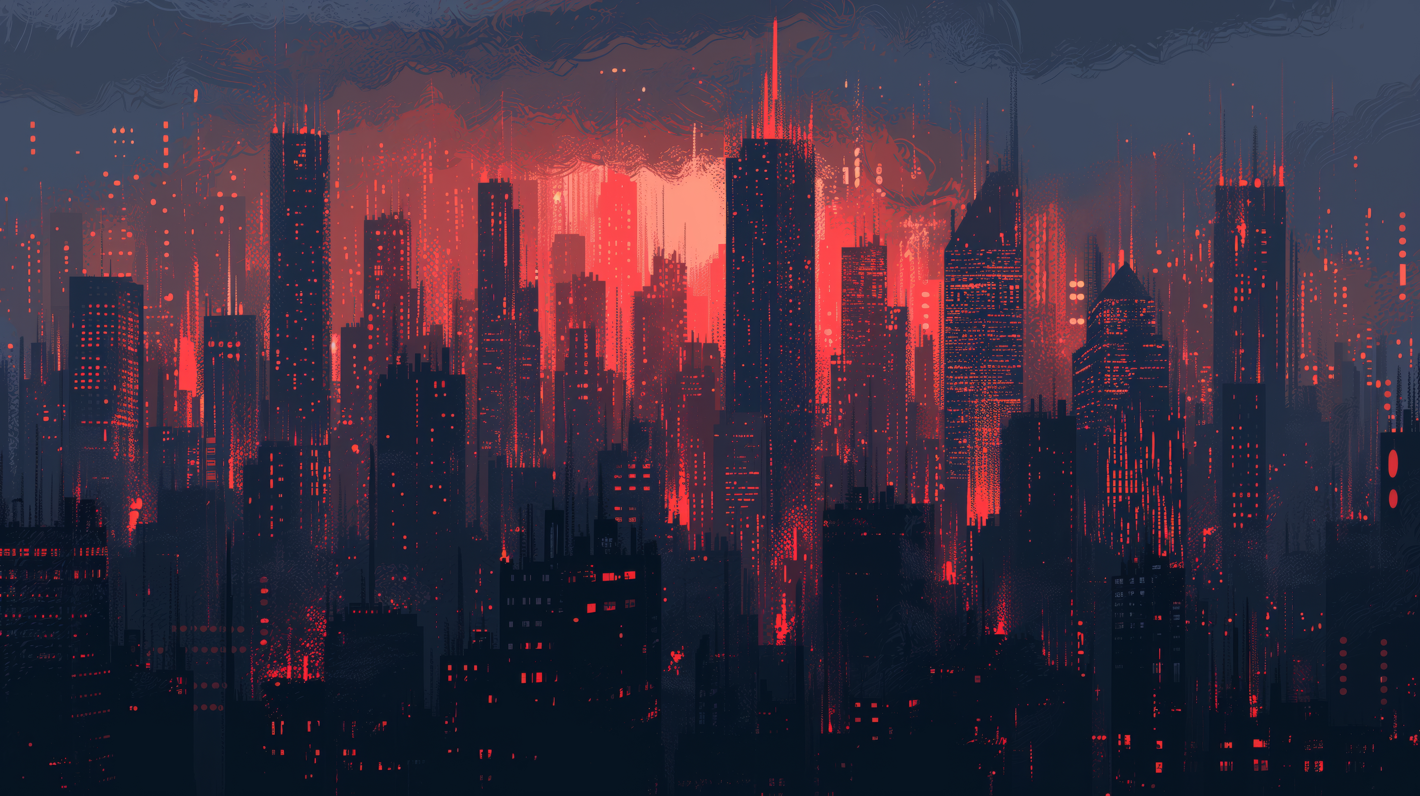 General 5824x3264 AI art illustration cityscape glitch art skyscraper red city building low light