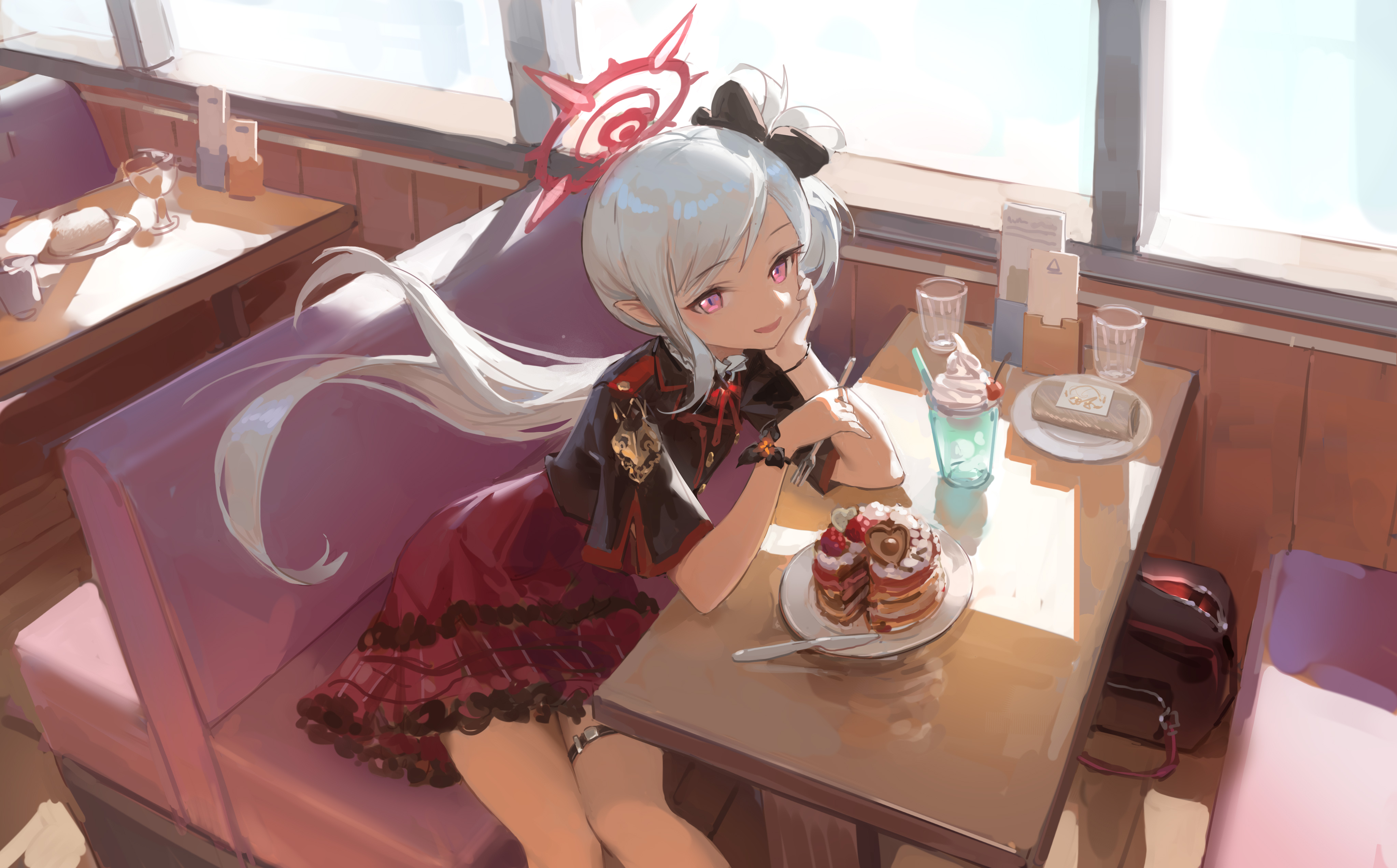 Anime 4093x2544 anime anime girls MEInoss Blue Archive Asagi Mutsuki (Blue Archive) white hair long hair schoolgirl school uniform skirt breakfast knife looking at viewer sitting by the window window resting head ponytail pointy ears pink eyes parted lips table bag drink cherries drinking straw plates fork food uniform