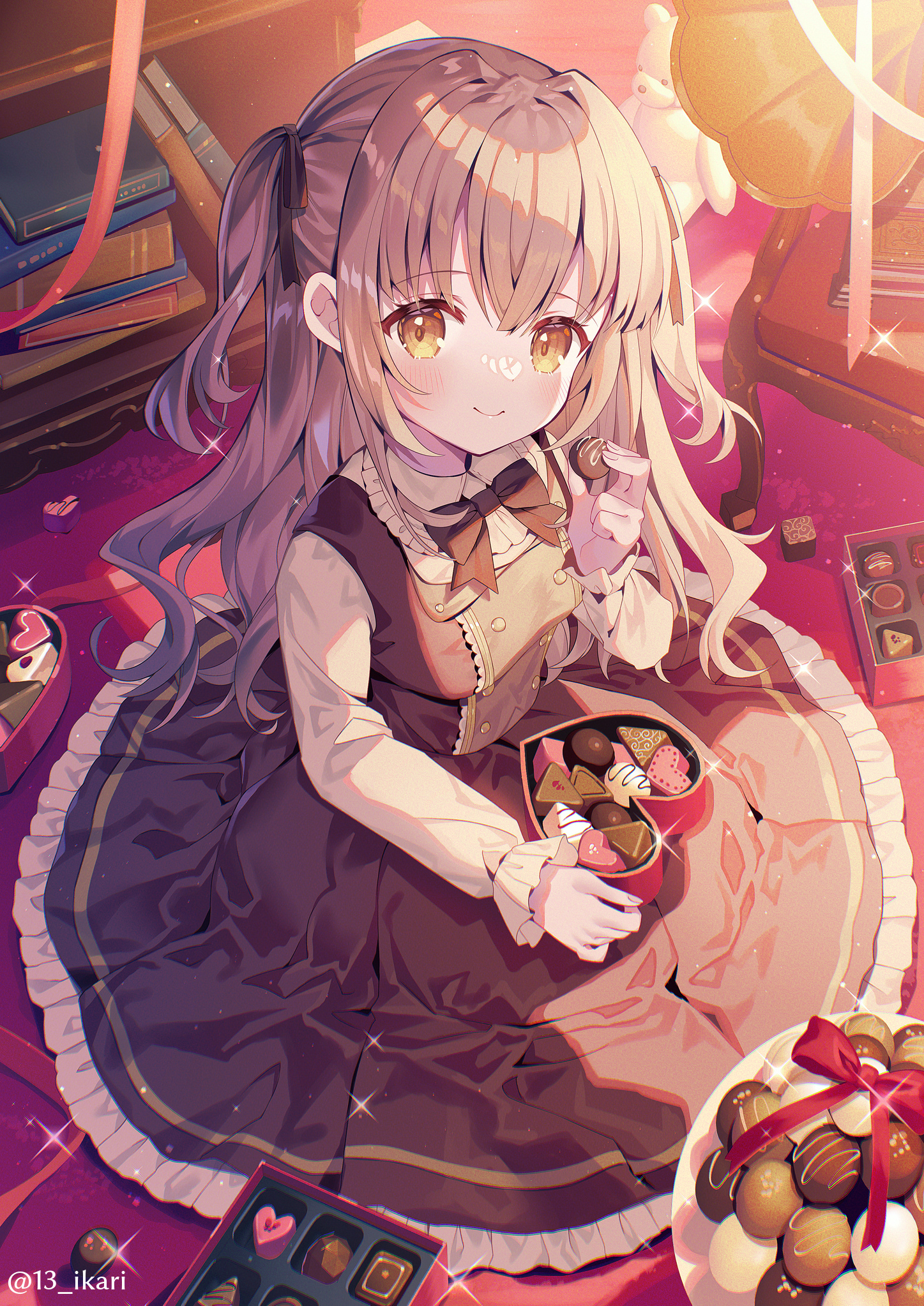 Anime 1447x2046 anime anime girls Pixiv dress smiling chocolate closed mouth portrait display blushing hair between eyes long hair looking at viewer books long sleeves bow tie women indoors ribbon watermarked sparkles hair ribbon heart (design) brunette yellow eyes on the floor chocolate box phonographs