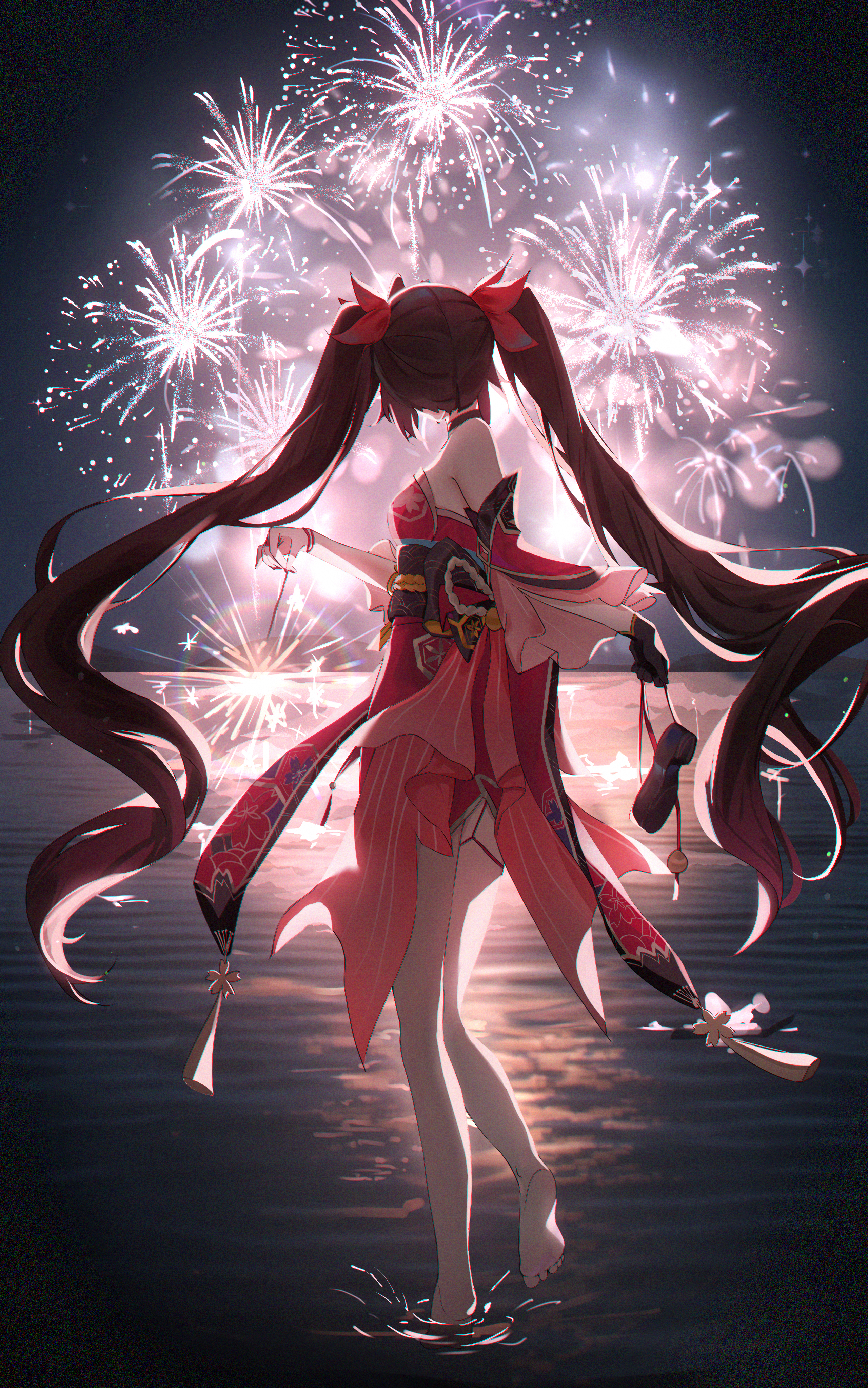 Anime 2560x4093 anime games anime girls Sparkle (Honkai: Star Rail) Honkai: Star Rail anime usagi (artist) looking away standing portrait display fireworks water feet barefoot foot sole long hair twintails Japanese clothes sash bare shoulders legs night tassels choker black gloves gloves missing glove shoe sole