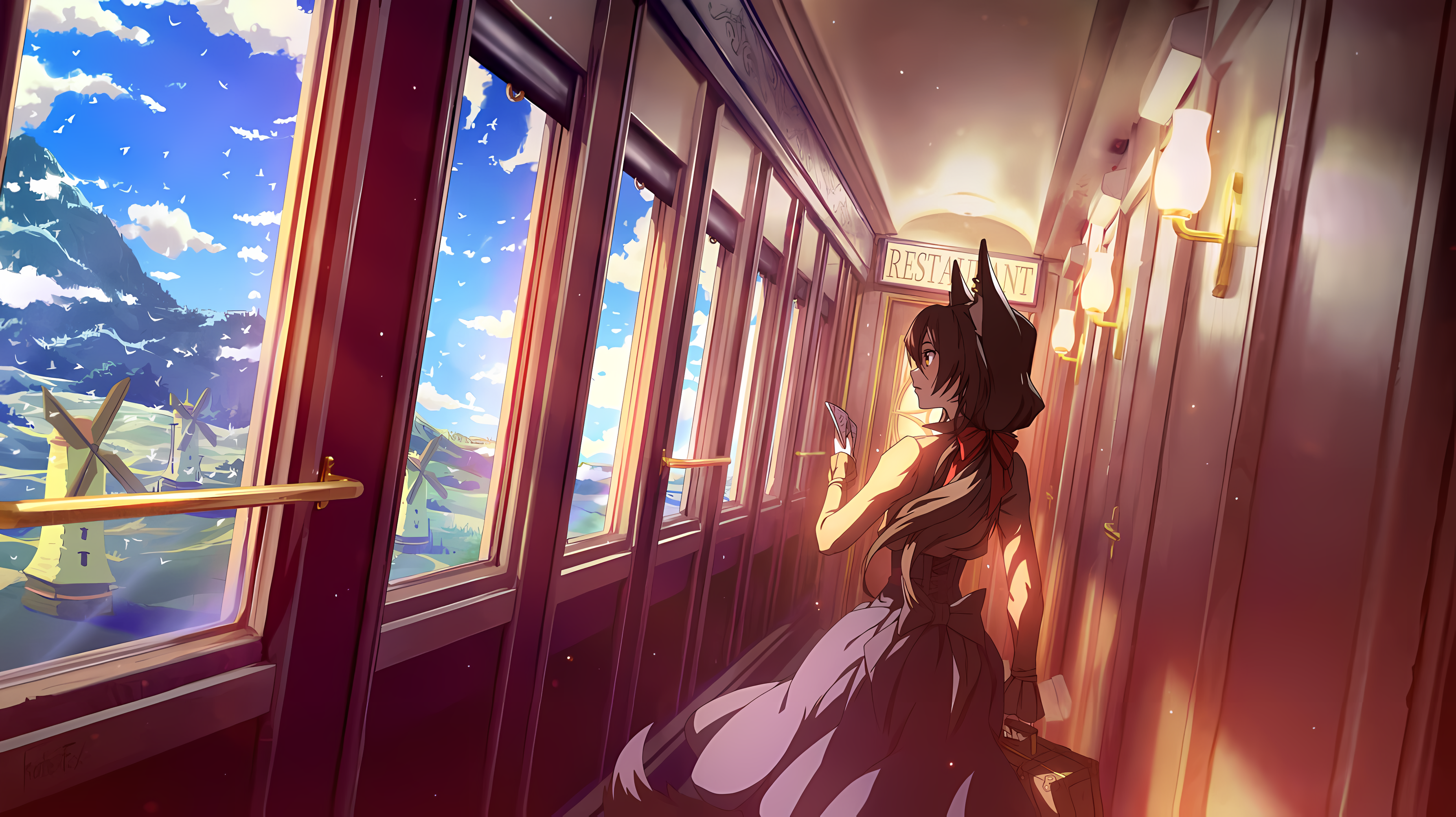 Anime 3576x2008 Kate-FoX fox girl fox ears looking away looking out window sky long hair anime girls brunette brown eyes long sleeves sunlight windmill standing restaurant closed mouth clouds window brief case natural light dress hair bows