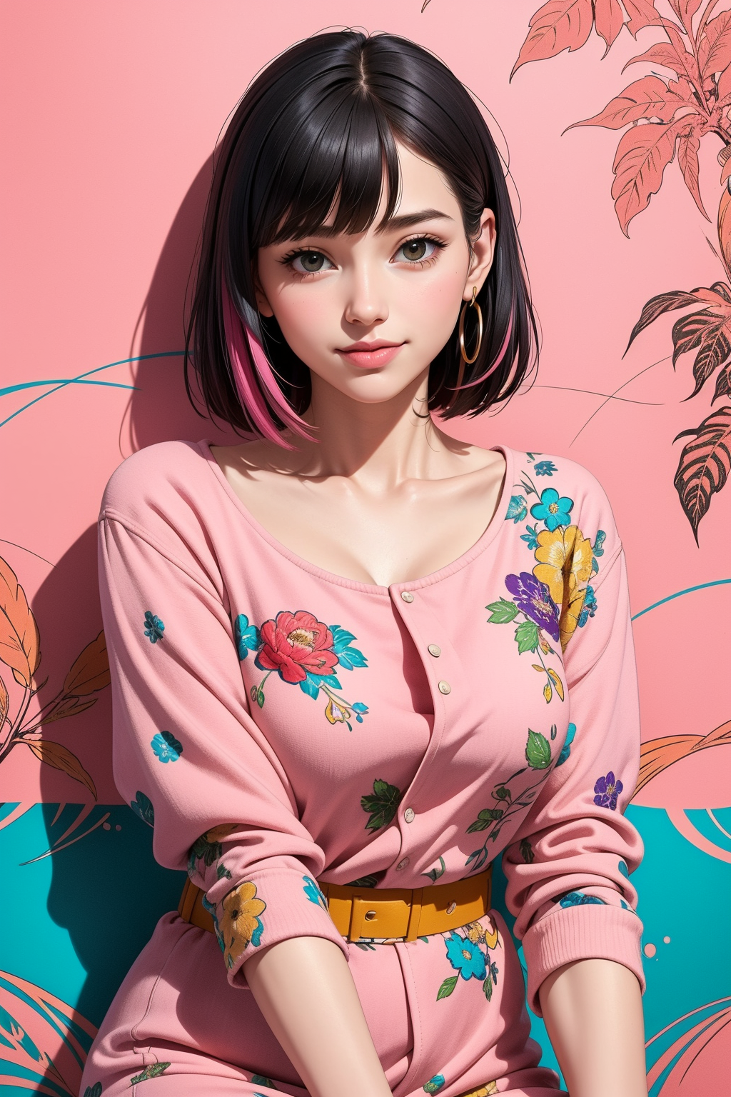 General 1024x1536 AI art flower dress standing women dress pink shirt pink clothing