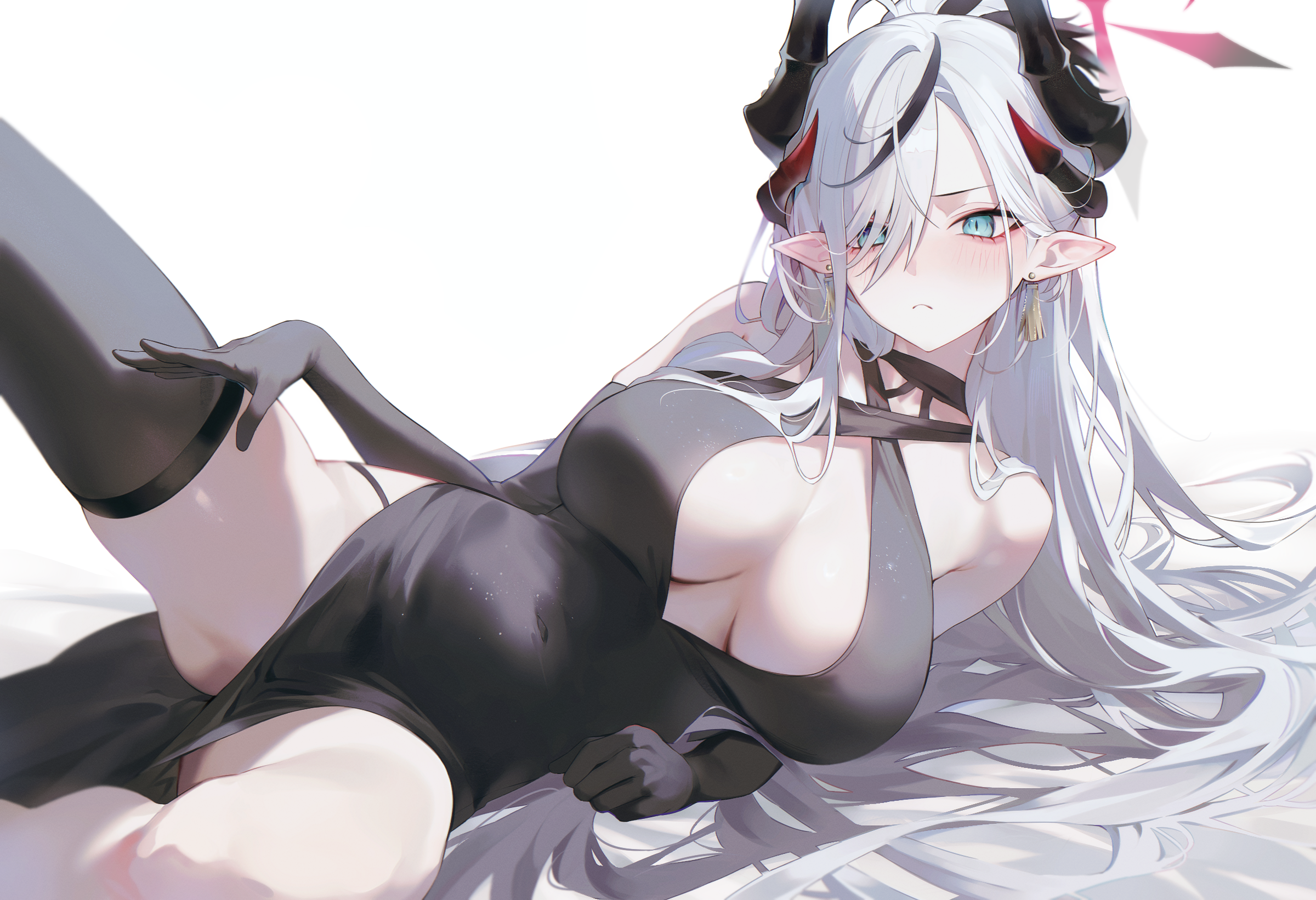 Anime 2400x1642 blue eyes blushing anime anime girls Pixiv Blue Archive dress gray hair halo spread legs Hanuma Makoto (Blue Archive) pointy ears long hair closed mouth cleavage simple background frown white background horns big boobs bare shoulders missing stocking stockings elbow gloves black gloves black dress halter dress looking at viewer gloves