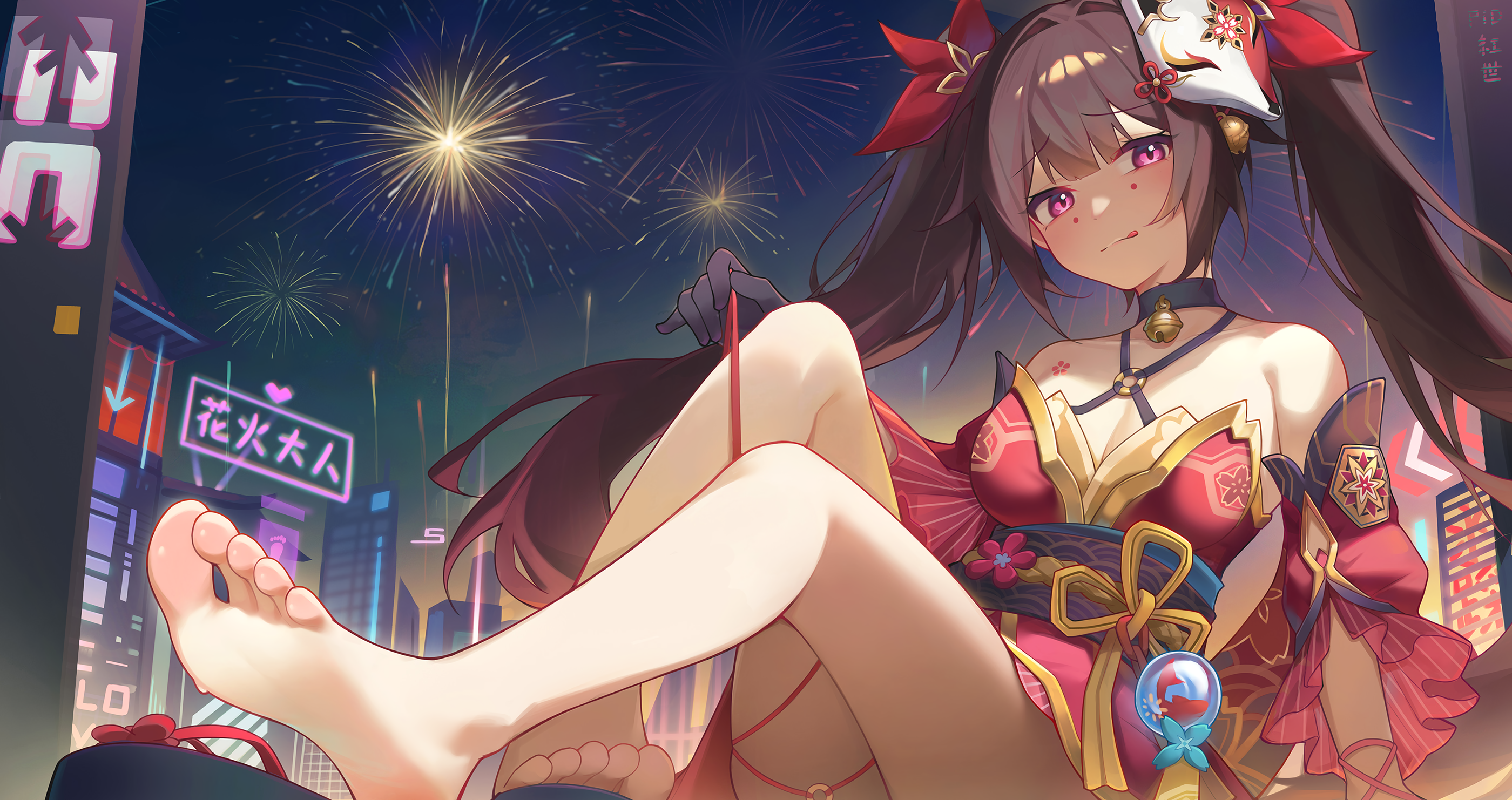 Anime 2800x1482 anime anime girls twintails Honkai: Star Rail Sparkle (Honkai: Star Rail) barefoot tongue out looking at viewer foot sole fireworks Hongshi fox mask bare shoulders bent legs detached sleeves building arrow (design) closed mouth tongues choker bells feet night toes sky Japanese city lights Japanese clothes sash long hair brunette purple eyes hair ornament