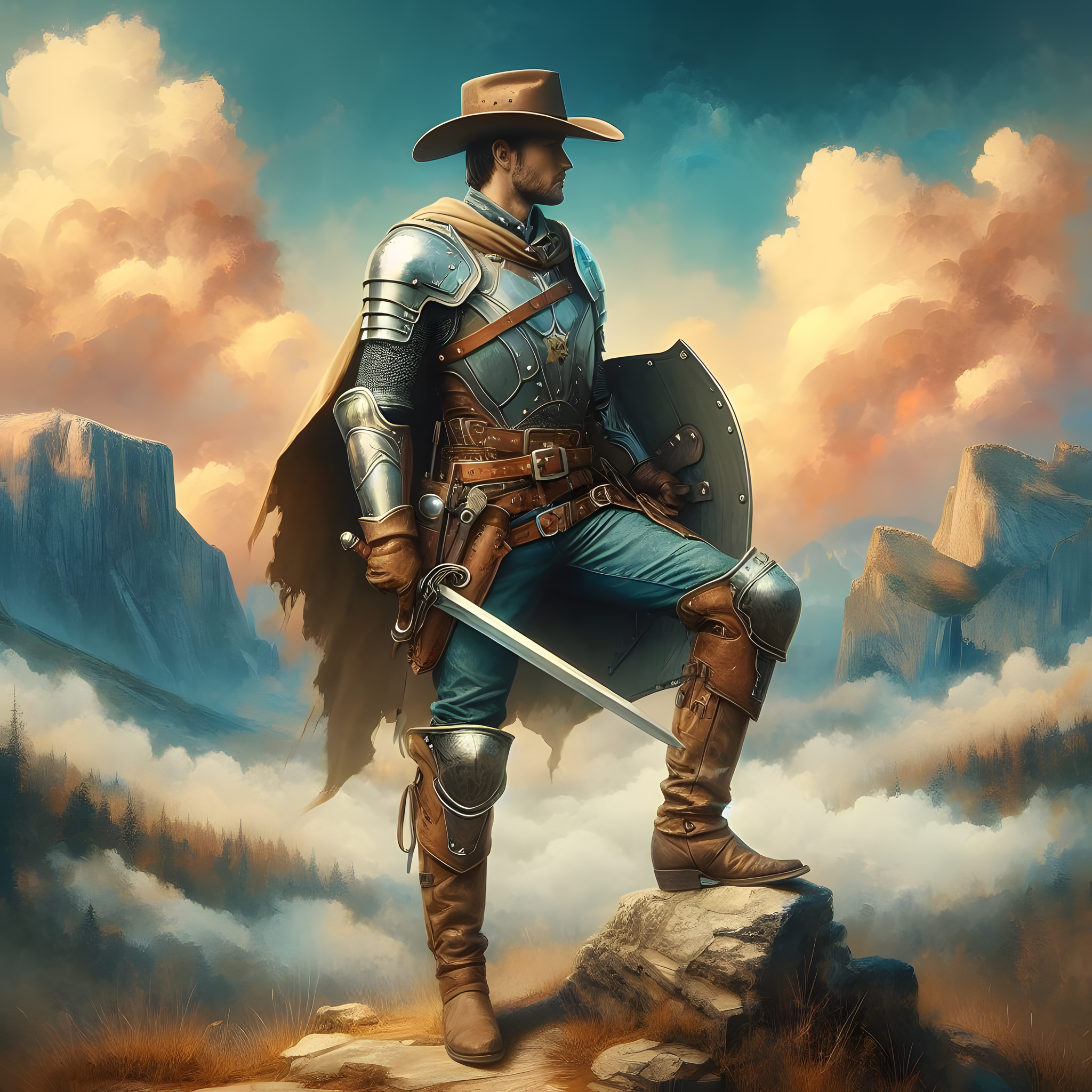 General 2048x2048 knight mountains sword shield AI art looking away standing men with swords clouds armor men with hats hat sky trees outdoors men outdoors cape