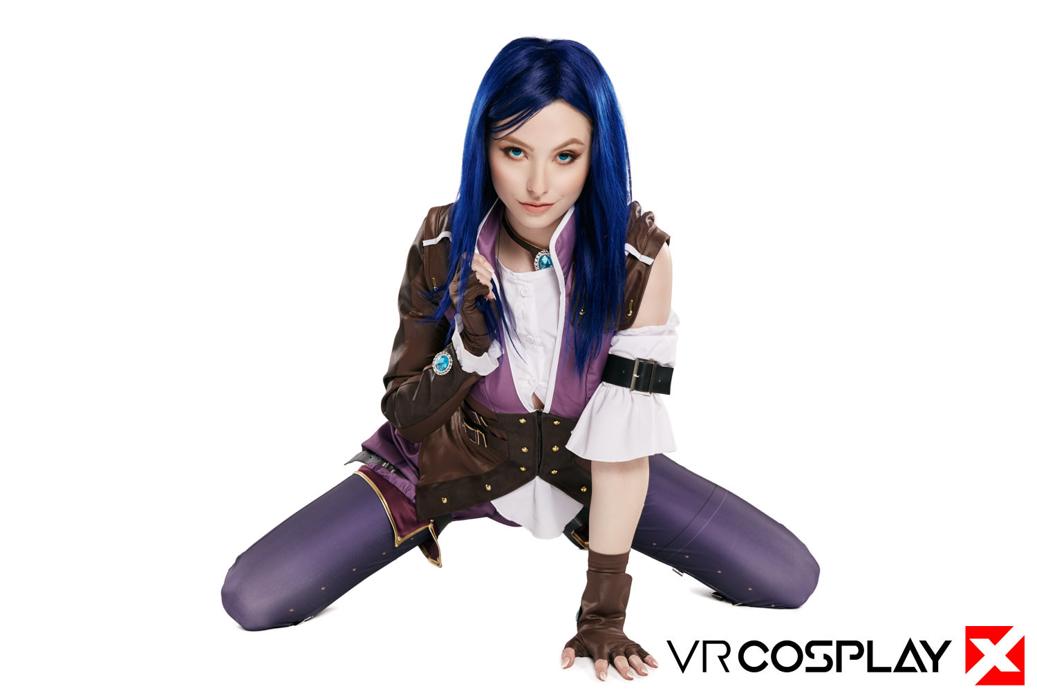 People 1500x1000 VRCosplayX model blue hair cosplay Ailee Anne hair   Caitlyn (League of Legends) League of Legends straps simple background smiling gloves fingerless gloves white background logo video game girls blue eyes American women