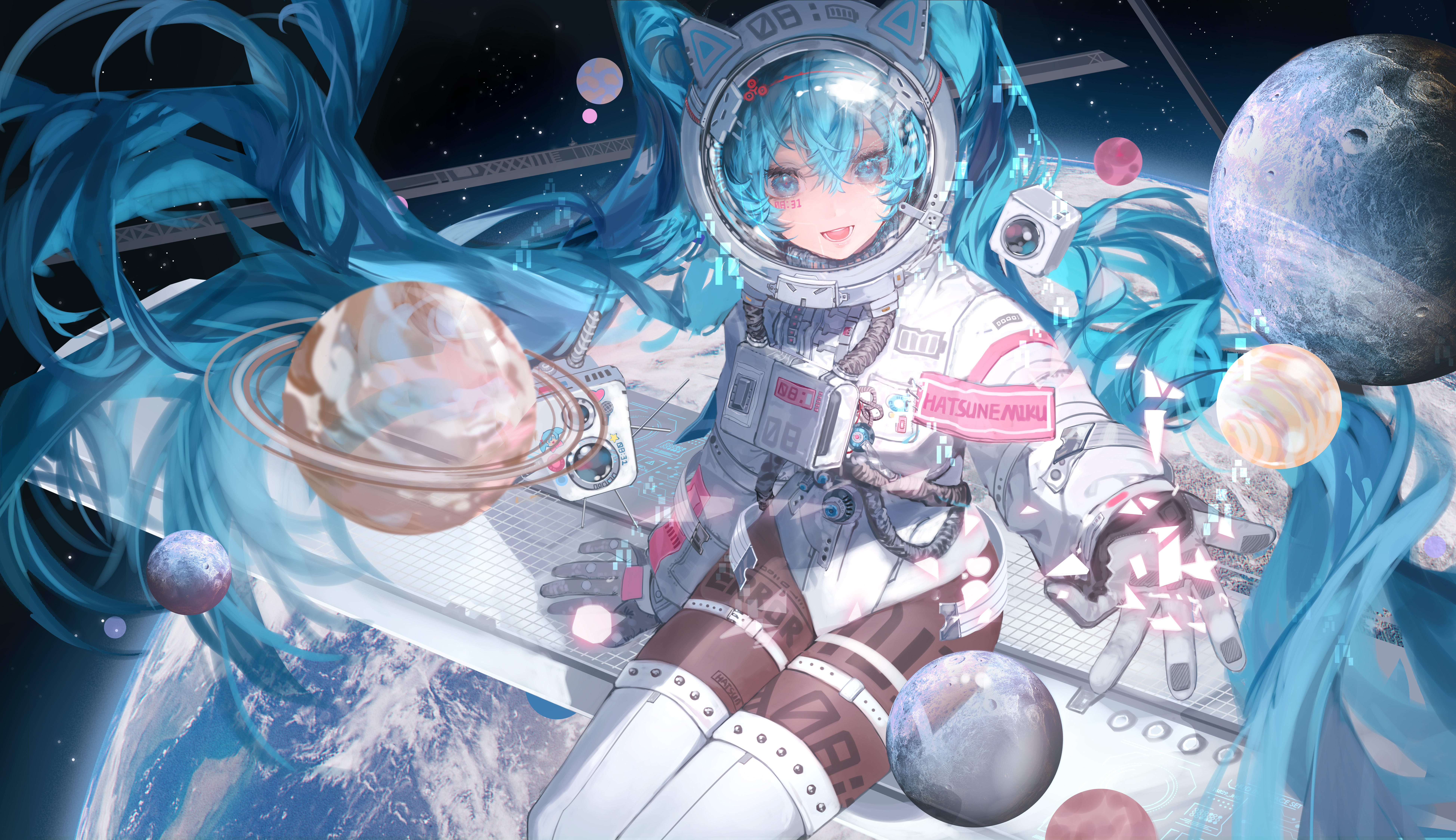 Anime 7796x4500 anime anime girls Hatsune Miku space spacesuit blue hair long hair Moon Earth cat ears