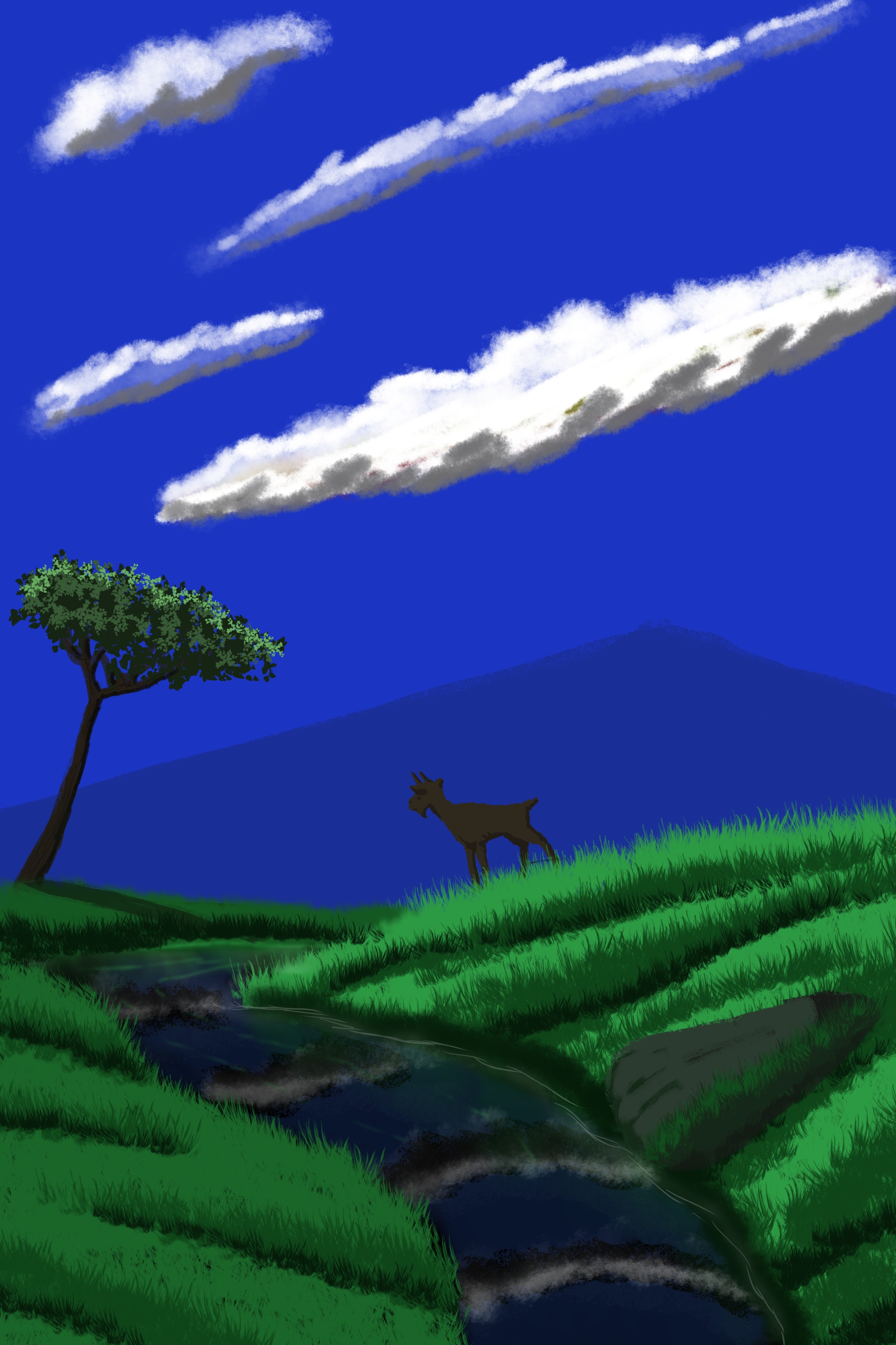 General 2000x3000 goats stones trees mountains clouds river grass water digital art portrait display