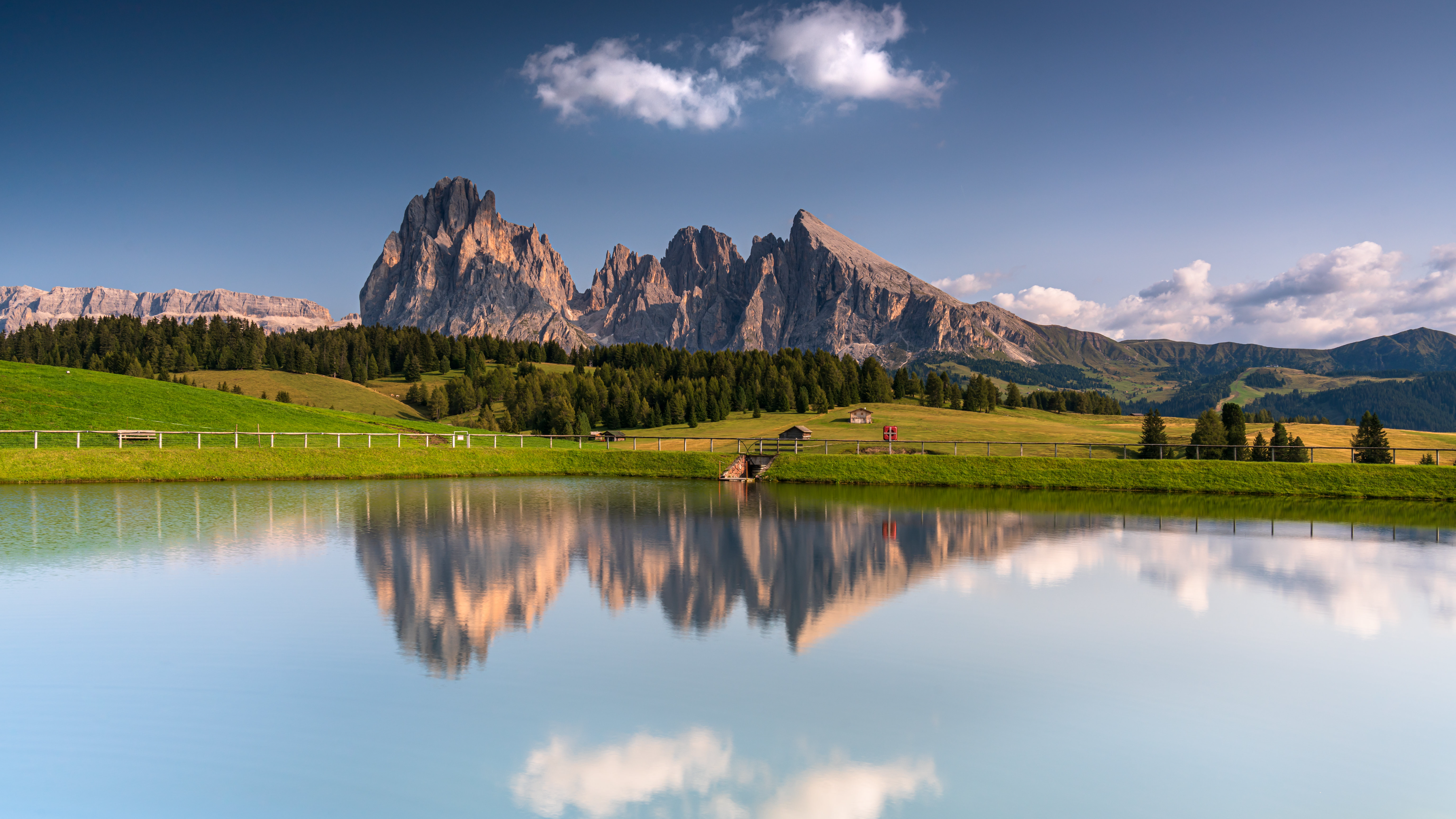 General 4000x2250 nature landscape trees clouds sky mountains water reflection grass field cabin house Dolomites Italy Daniel Burton