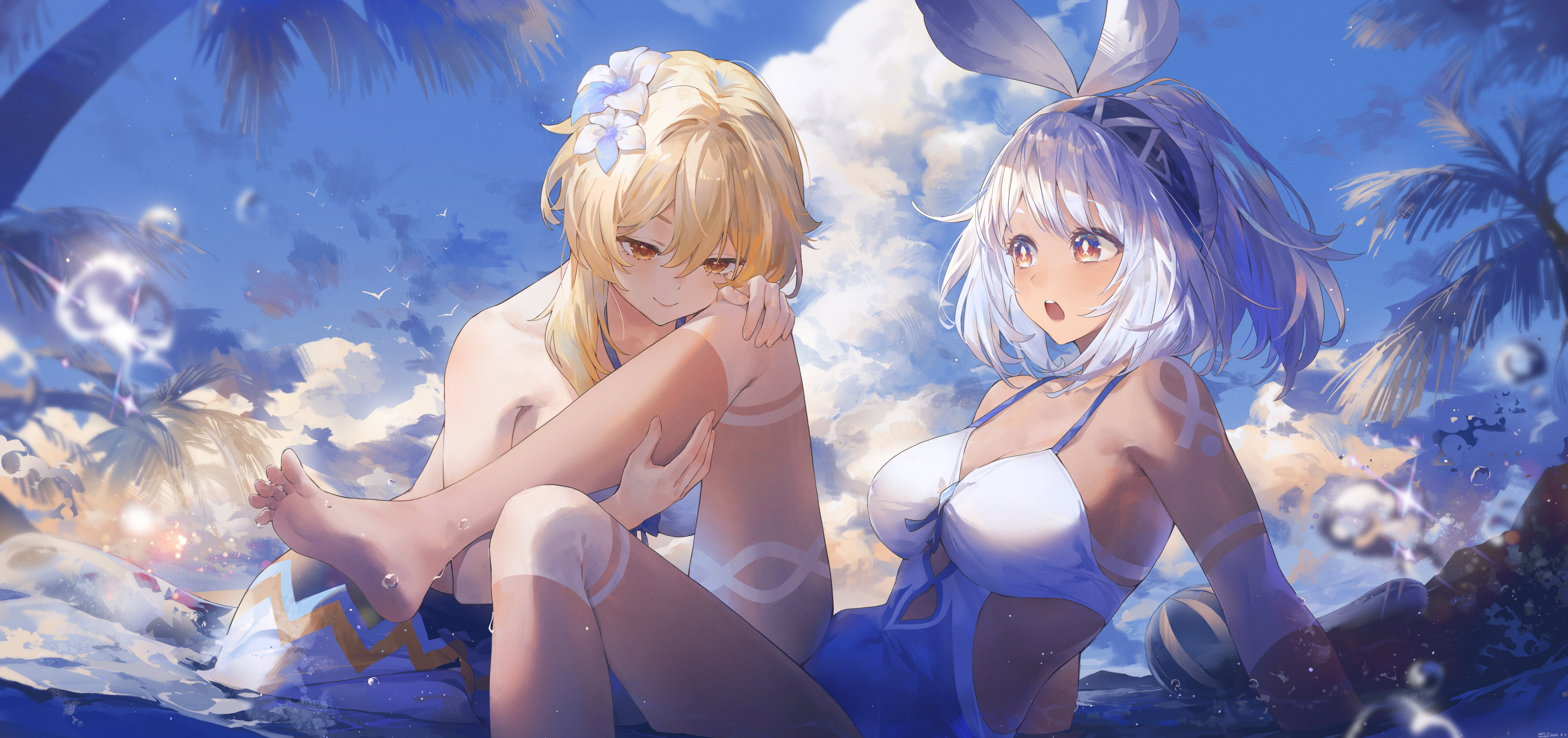 Anime 6880x3240 Genshin Impact swimwear Lumine (Genshin Impact) Mualani (Genshin Impact) two women palm trees water drops flower in hair foot sole bare shoulders SWKL sky bikini clouds water feet