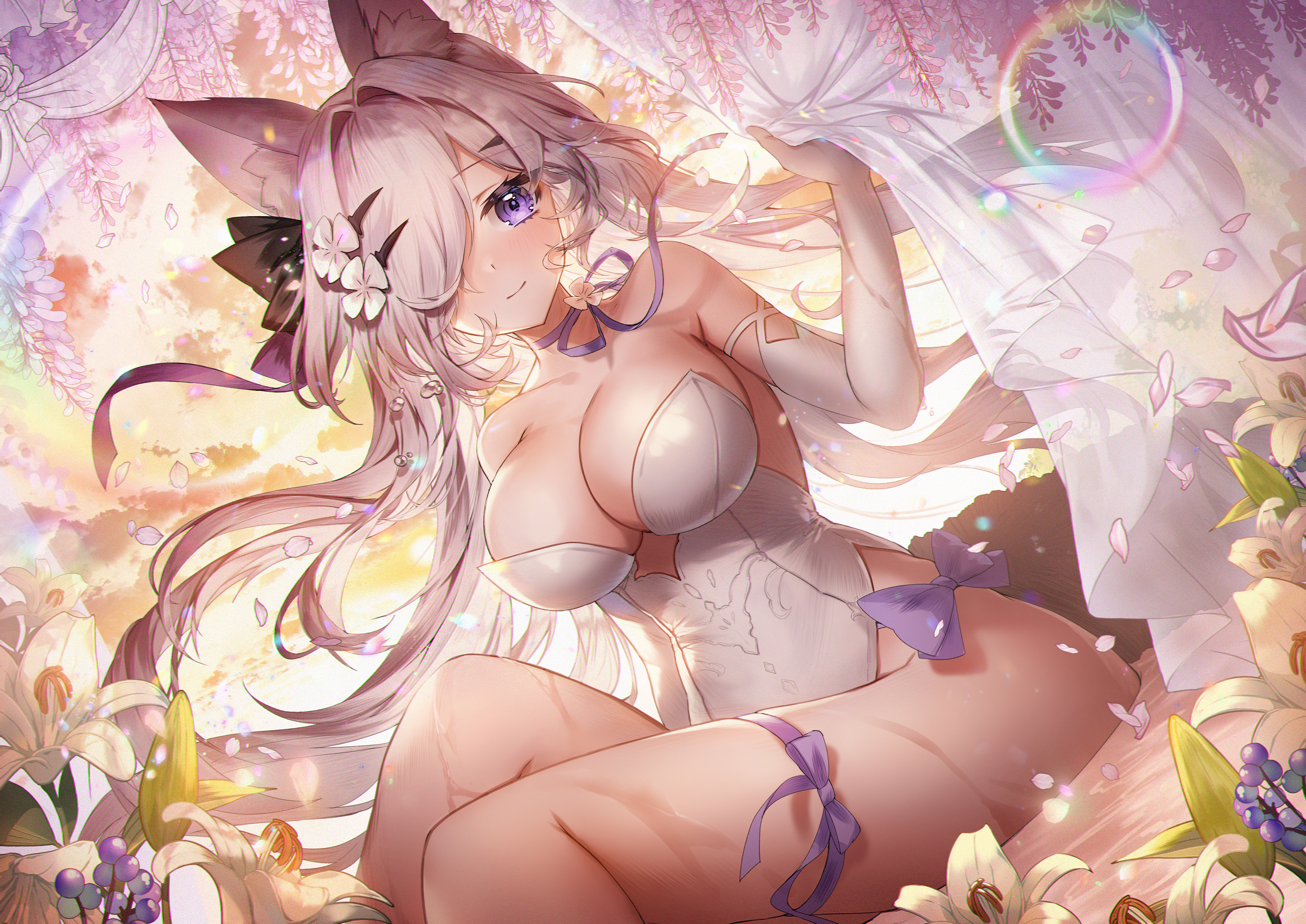 Anime 3000x2121 Red: Pride of Eden flowers Sherry (Red: Pride of Eden) looking at viewer sitting big boobs bare shoulders white leotard elbow gloves anime girls flower in hair white gloves purple eyes Apple a Caramel smiling hair over one eye petals long hair cherry blossom purple bow hair ornament white hair silver hair cat girl cat ears