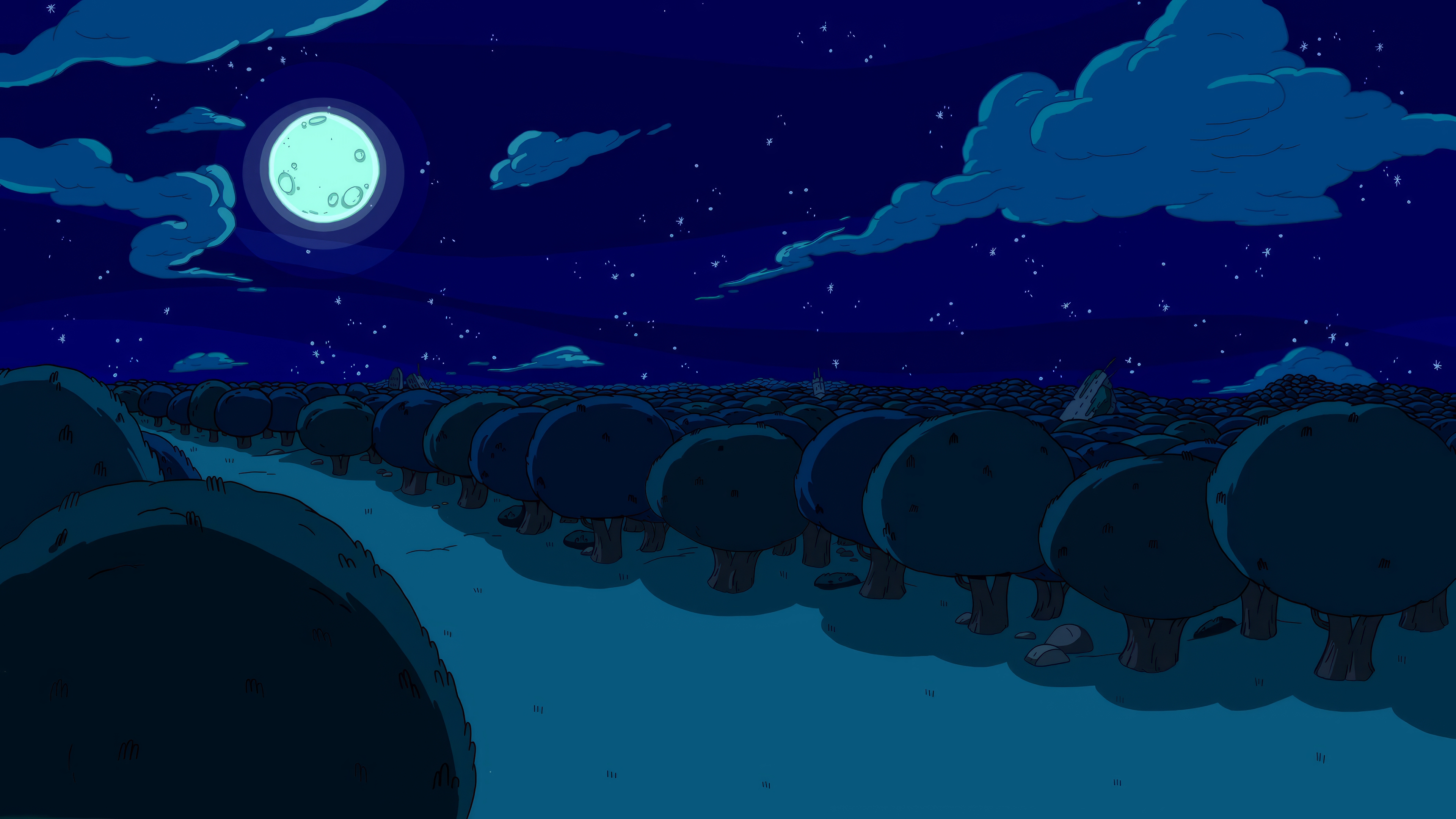 General 3840x2160 Adventure Time night blue clouds stars trees grass Moon