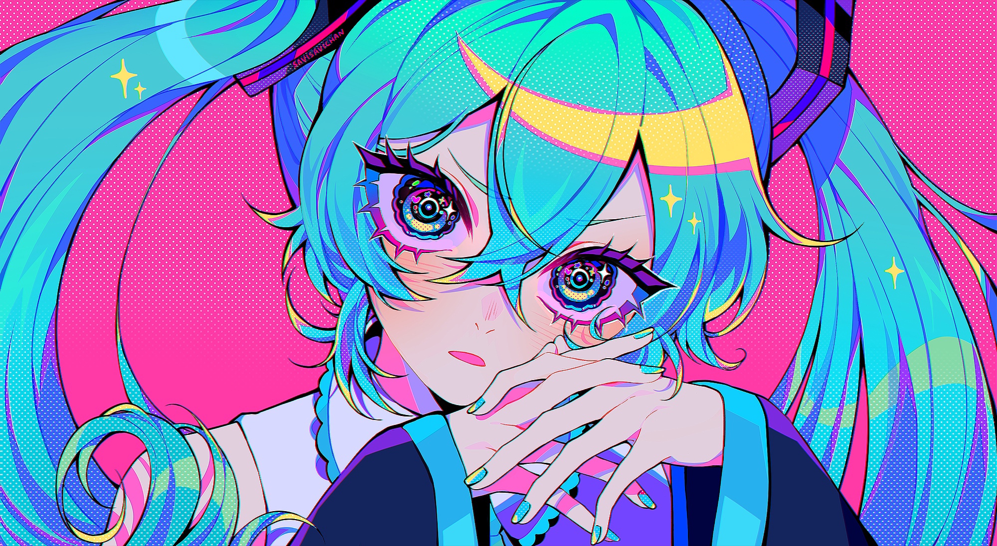 Anime 2000x1096 anime anime girls Vocaloid Hatsune Miku cyan hair aqua eyes blue nails looking at viewer