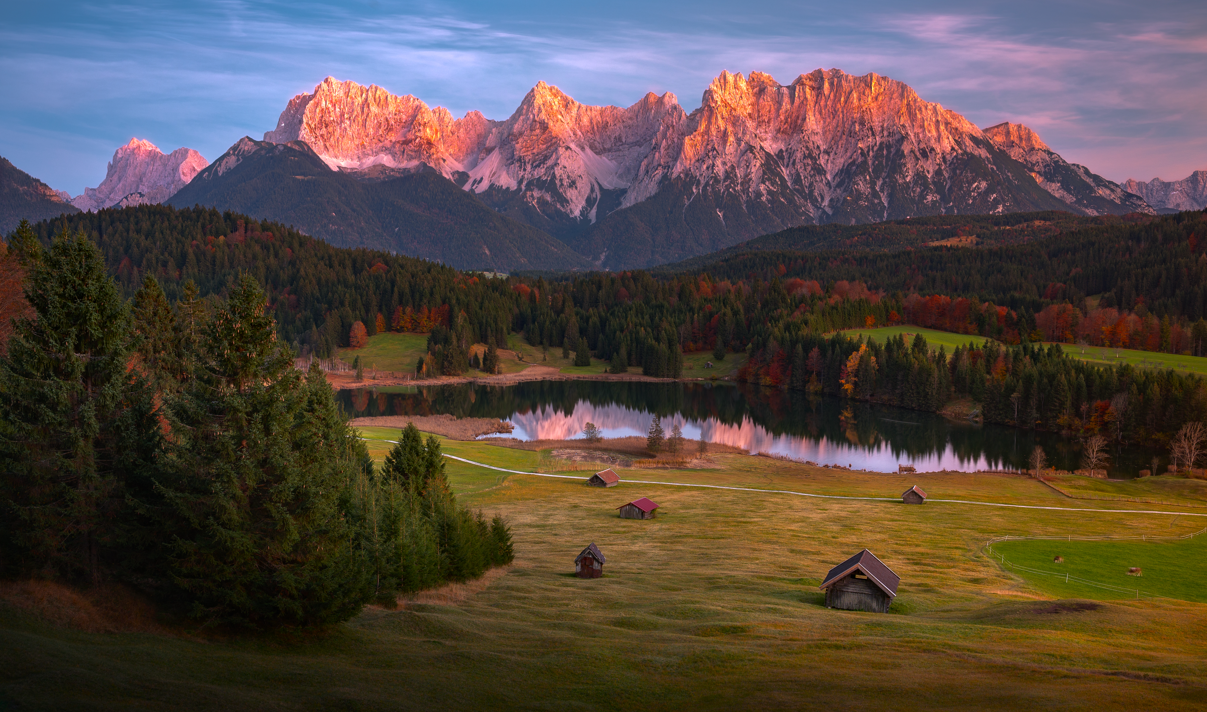 General 4000x2360 nature landscape sky clouds mountains trees grass field house cabin lake snowy peak pine trees Bavaria Germany fall