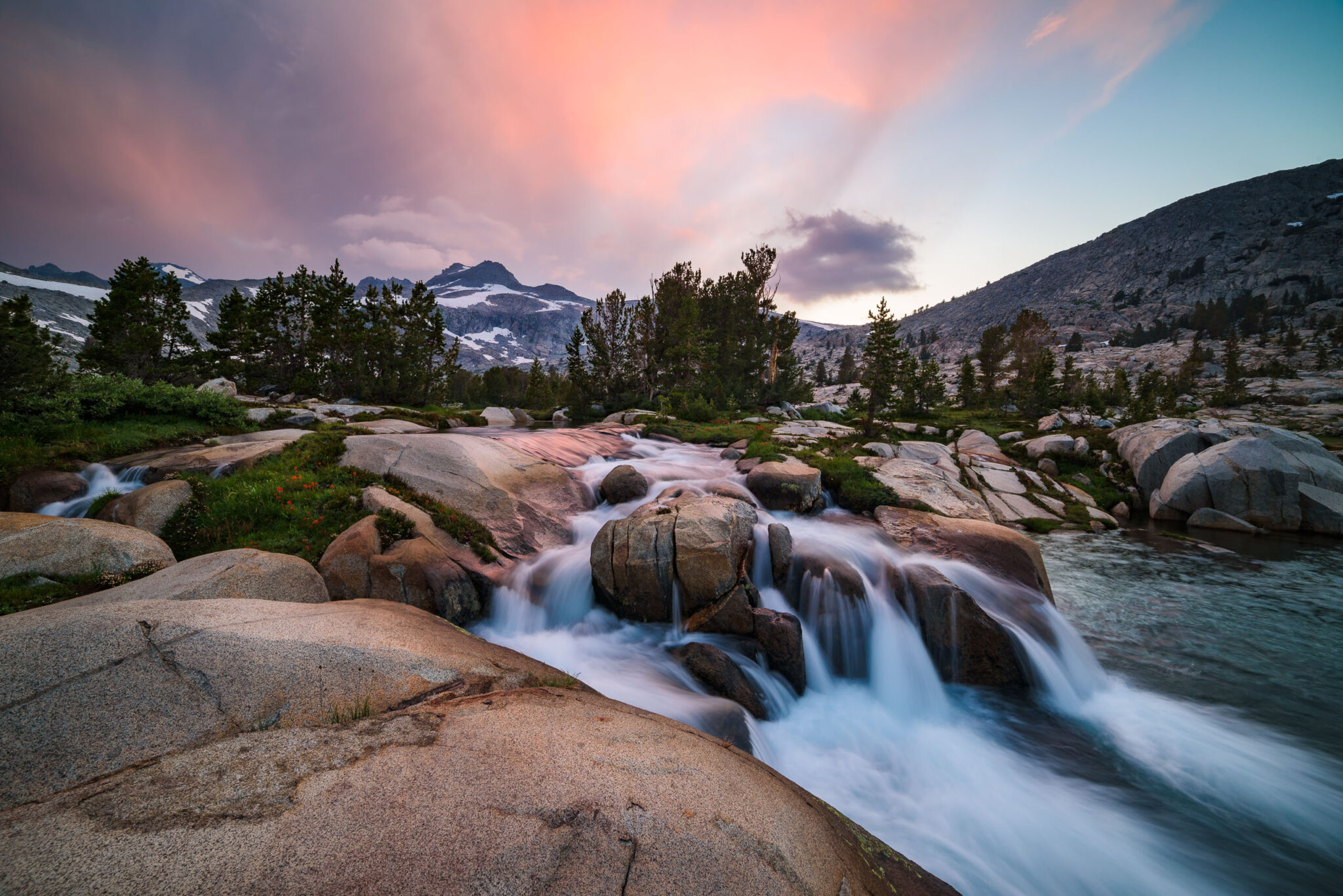 General 2048x1367 photography Joshua Cripps landscape depth of field long exposure California USA outdoors nature sky sunset waterfall stones environment trees forest rocks river sunrise rock formation mountains skyscape