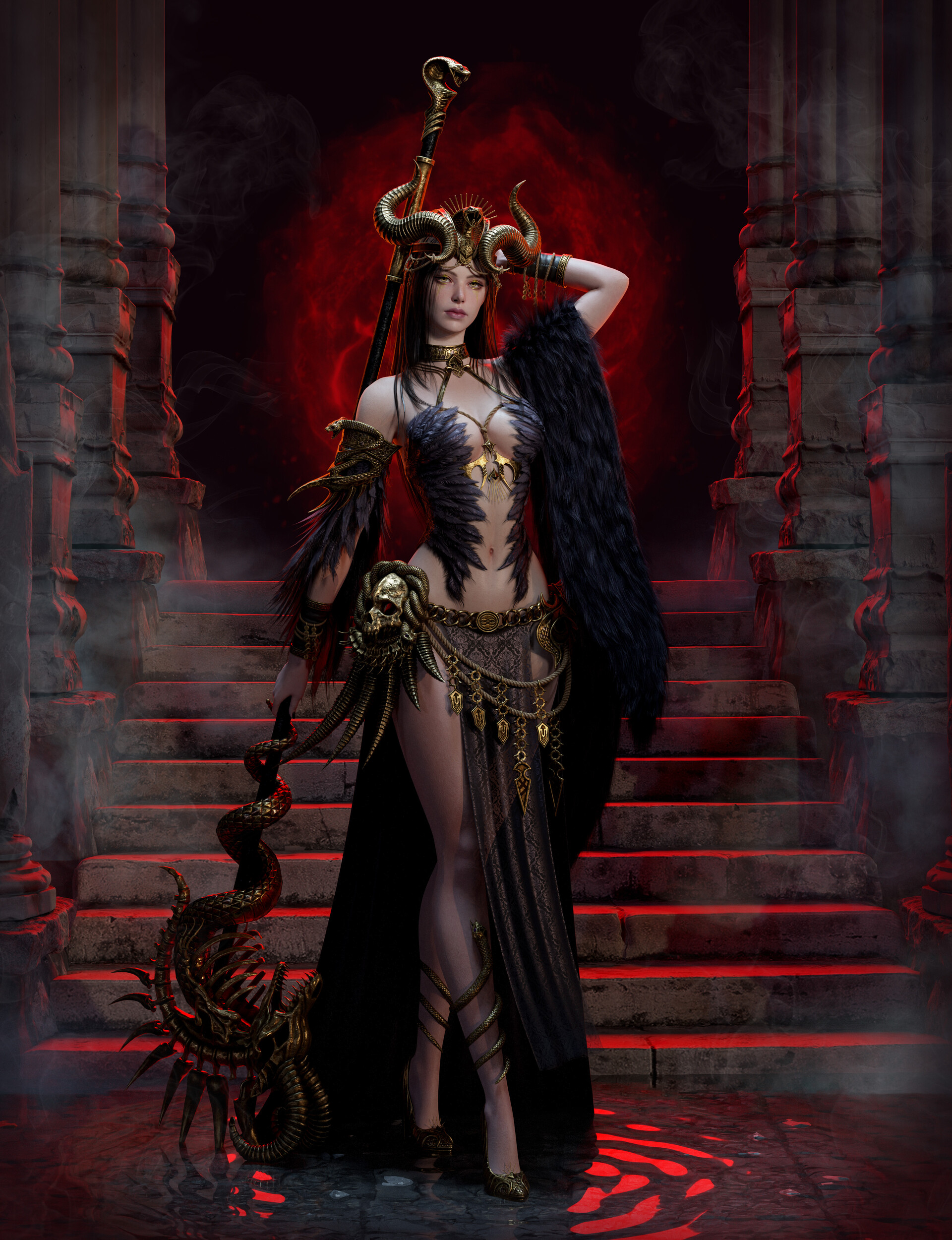 General 1920x2500 Su Yeon Jeong CGI sorceress horns fantasy art feathers