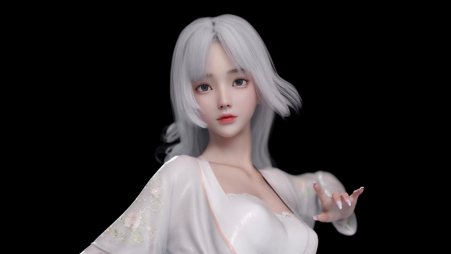 General 1920x1080 CGI black background simple background minimalism white hair women anime looking at viewer portrait painted nails artwork