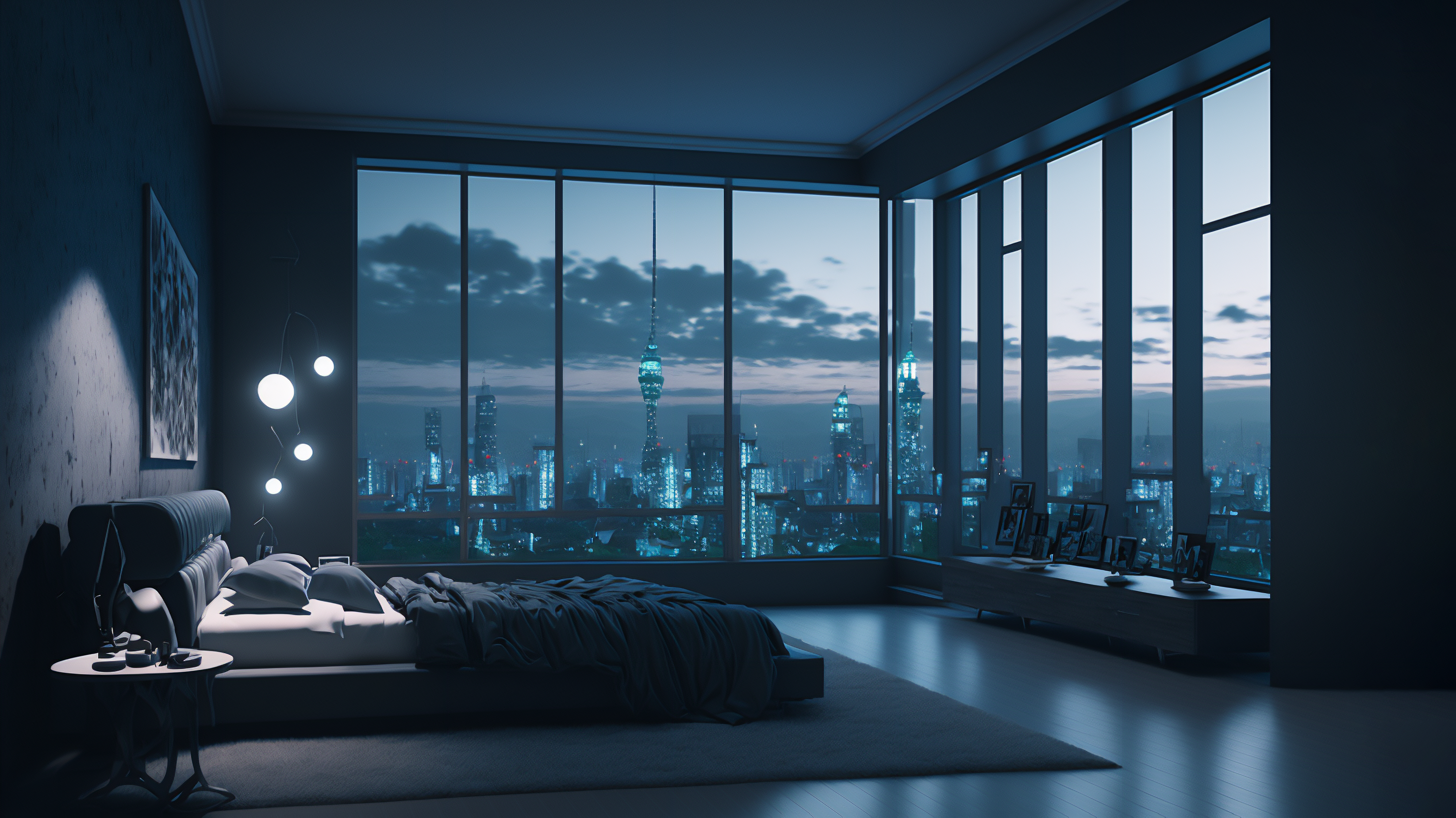 General 3291x1851 interior Blue hour AI art bed bedroom sky clouds city building skyscraper city lights lamp