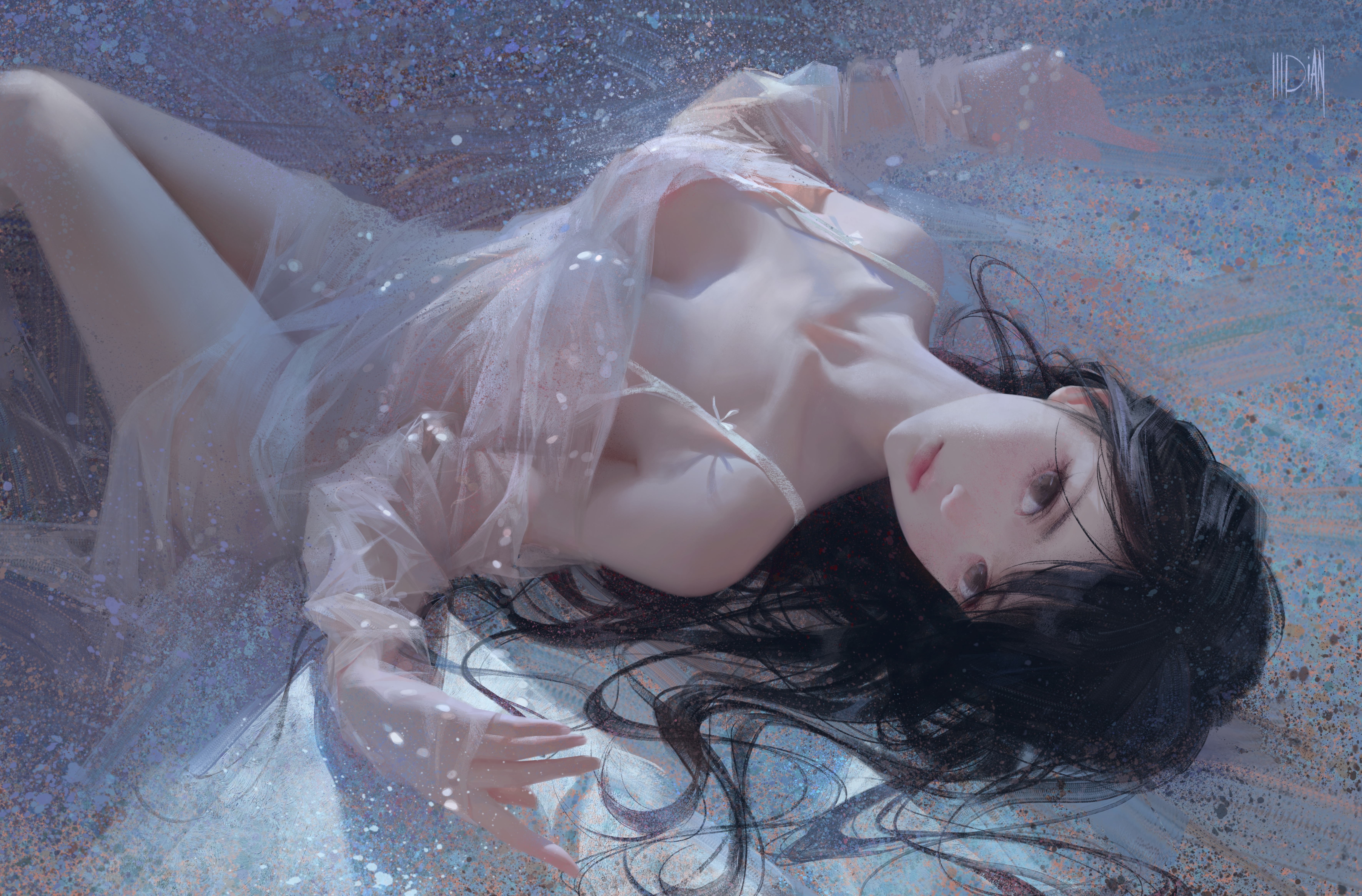 General 7087x4662 Asian wet wet clothing boobs dark hair long hair looking at viewer artwork thighs together ILLDIAN signature lying down lying on back cleavage women