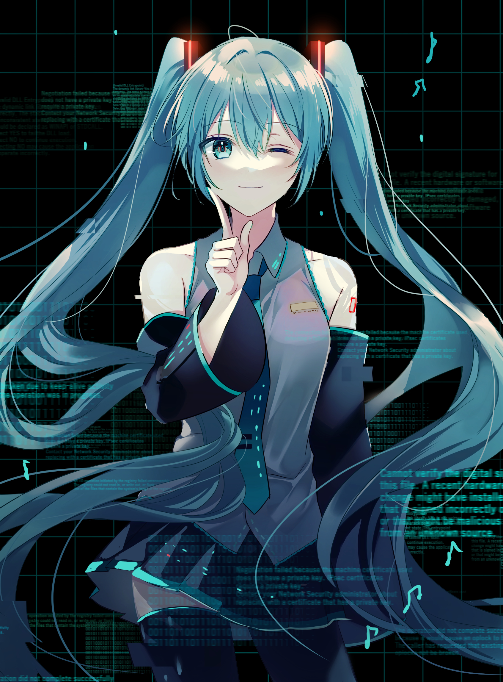 Anime 1692x2292 anime anime girls Vocaloid Hatsune Miku twintails one eye closed blue hair blue eyes smiling