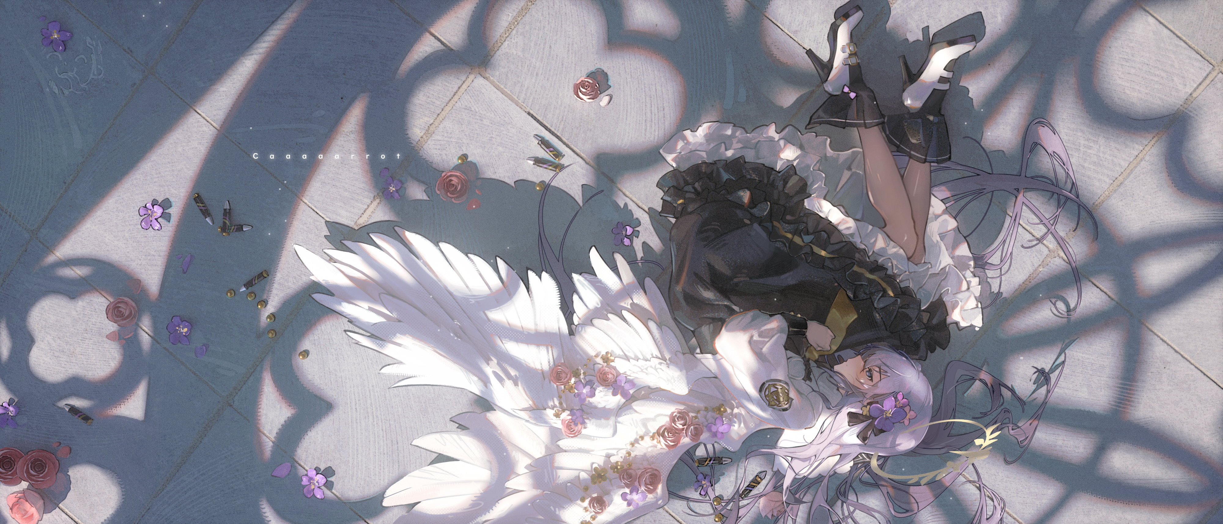 Anime 4000x1714 Caaaaarrot anime girls wings lying on side flowers heels angel wings petals dress Blue Archive Azusa (Blue Archive)
