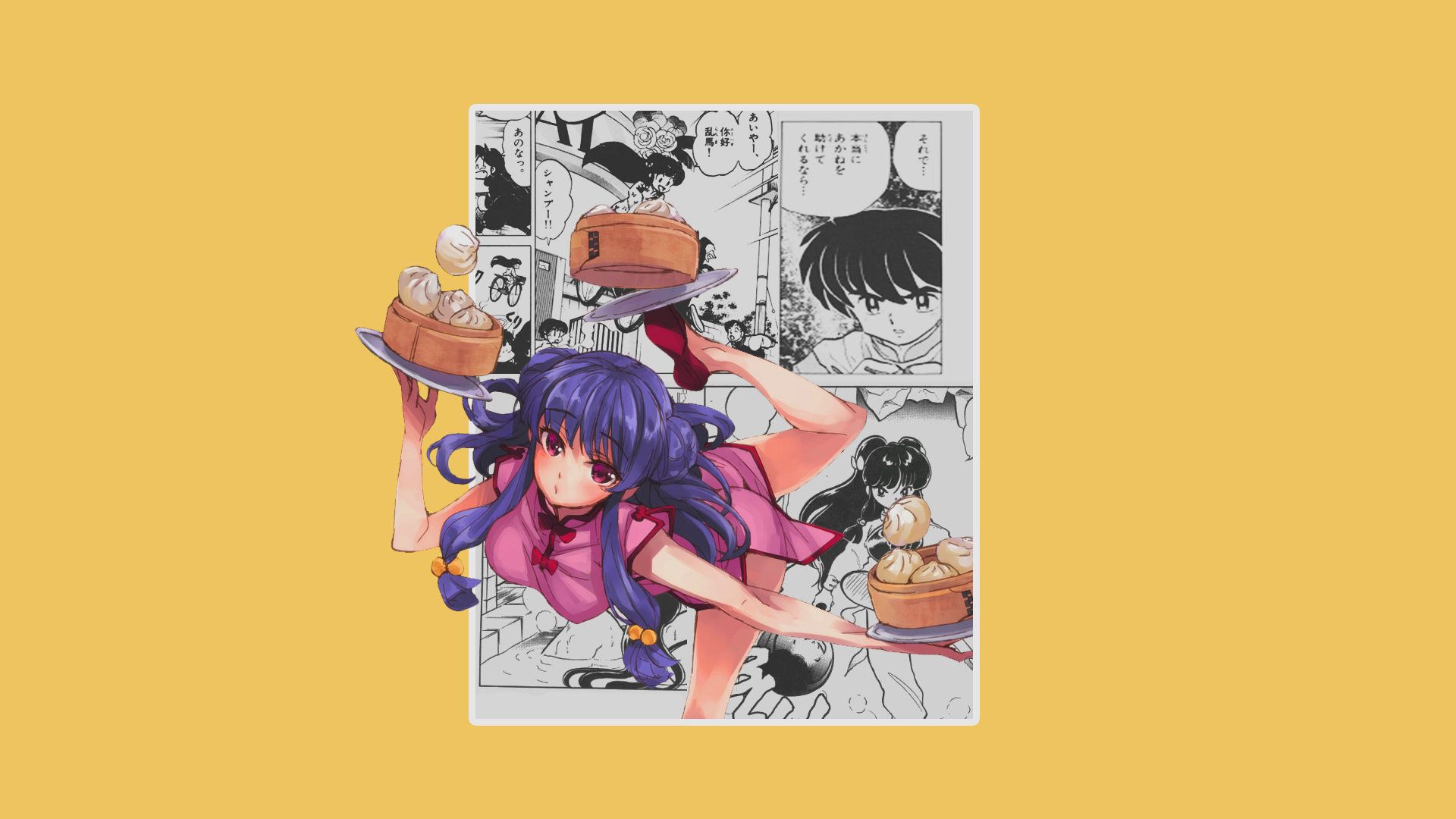 Anime 1920x1080 anime anime girls Ranma ½ Shampoo manga picture-in-picture simple background yellow background collage tight clothing waitress purple hair legs dumplings