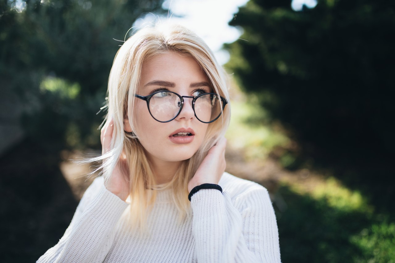 People 1280x853 women model blonde glasses women with glasses looking away dyed hair straight hair touching hair bokeh women outdoors natural light white clothing white sweater sweater bracelets open mouth sunlight trees forest shoulder length hair