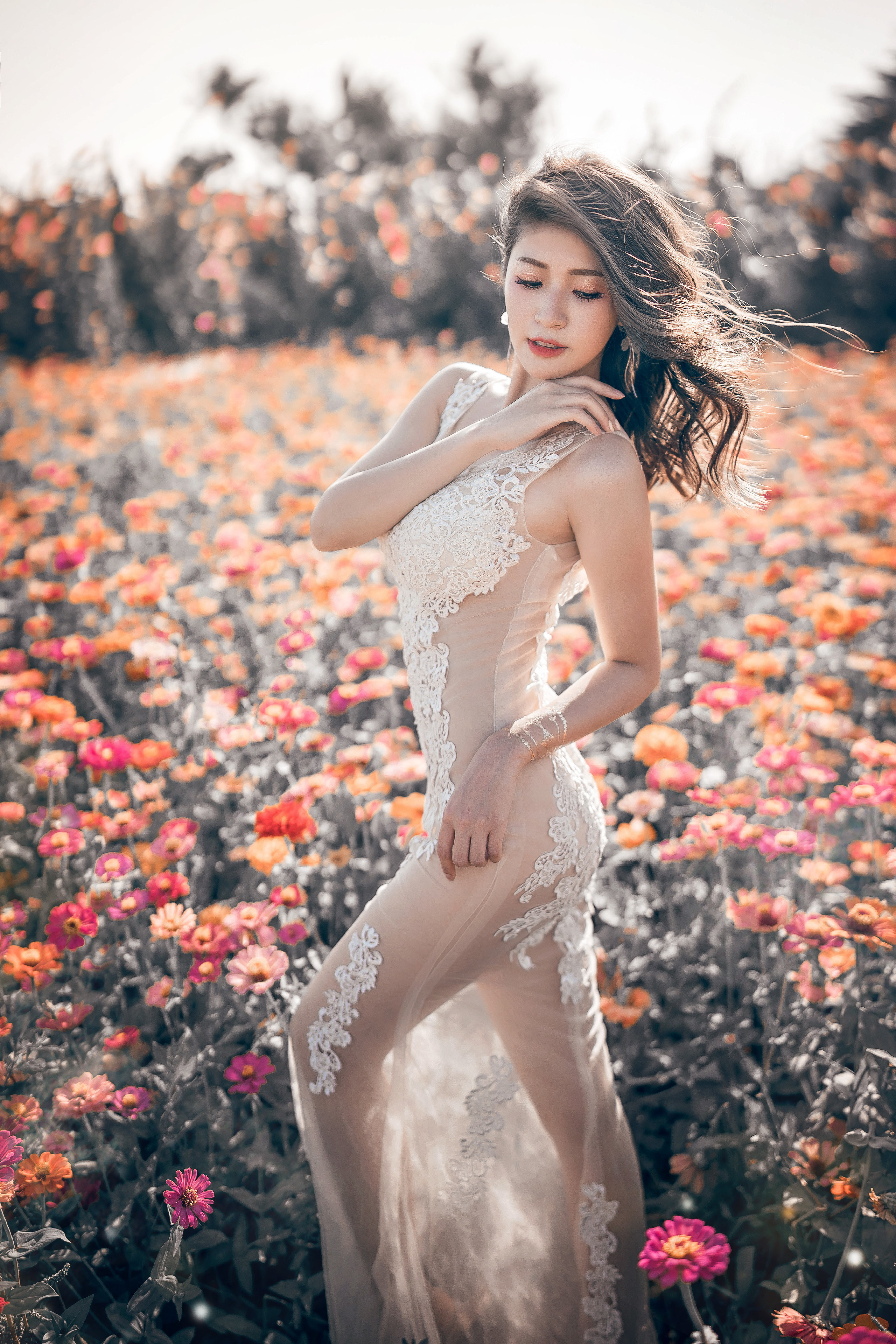 People 2560x3840 women Asian flowers plants women outdoors Chinese see-through dress pale long hair legs ass arched back