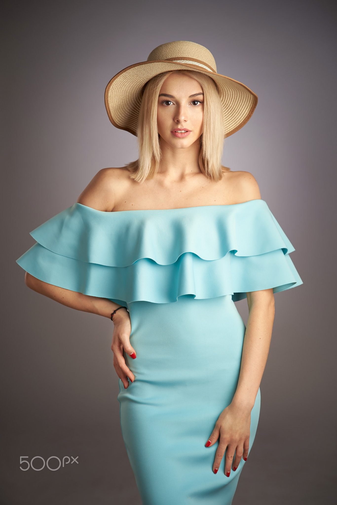 People 1366x2048 Alexander Vinogradov women hat straw hat blonde shoulder length hair straight hair makeup looking at viewer bare shoulders dress silk blue clothing bracelets painted nails red nails tight clothing simple background Angelina Aisman