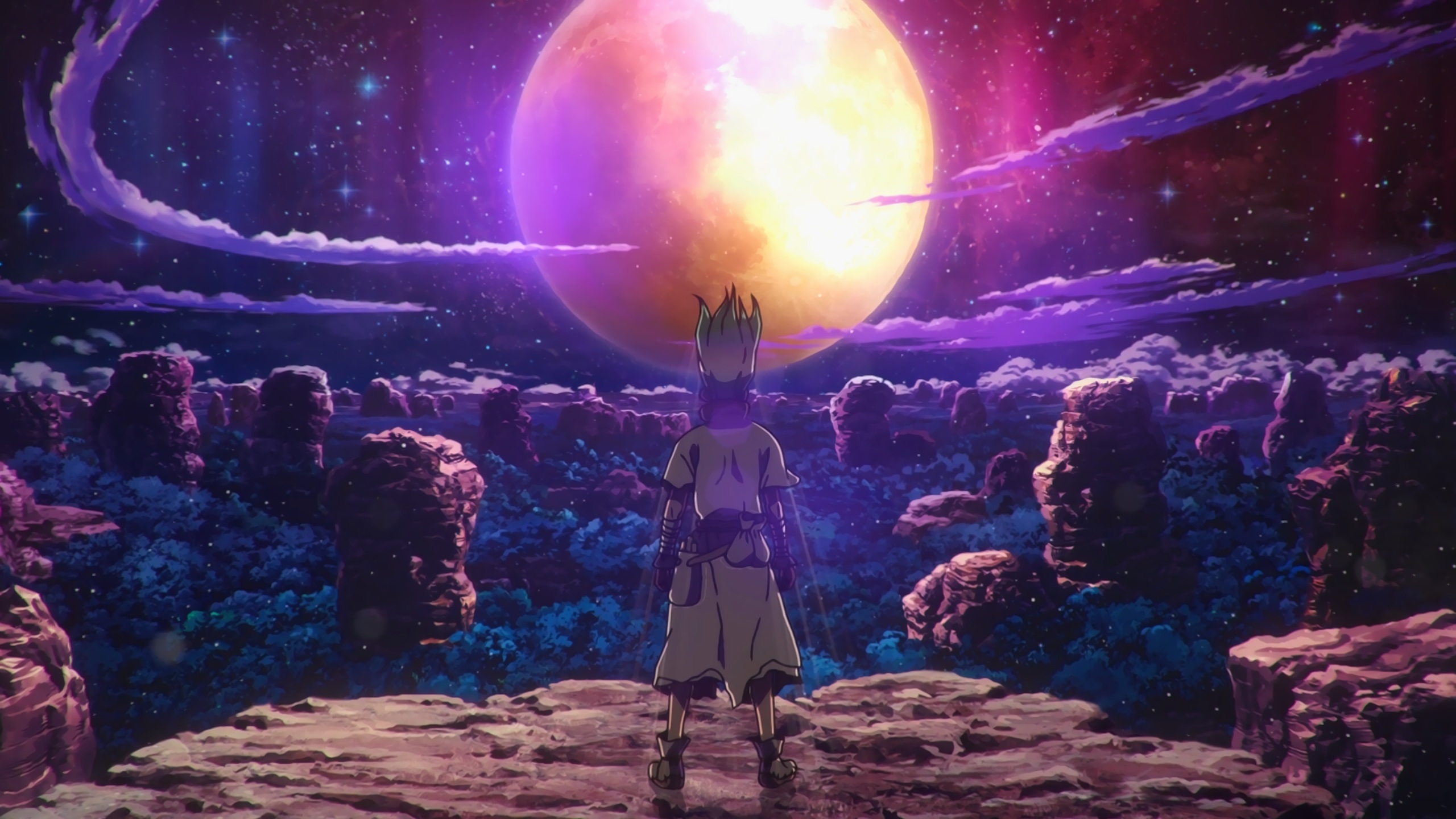 Anime 2560x1440 anime Dr. Stone stars clouds night Moon Senkuu Ishigami