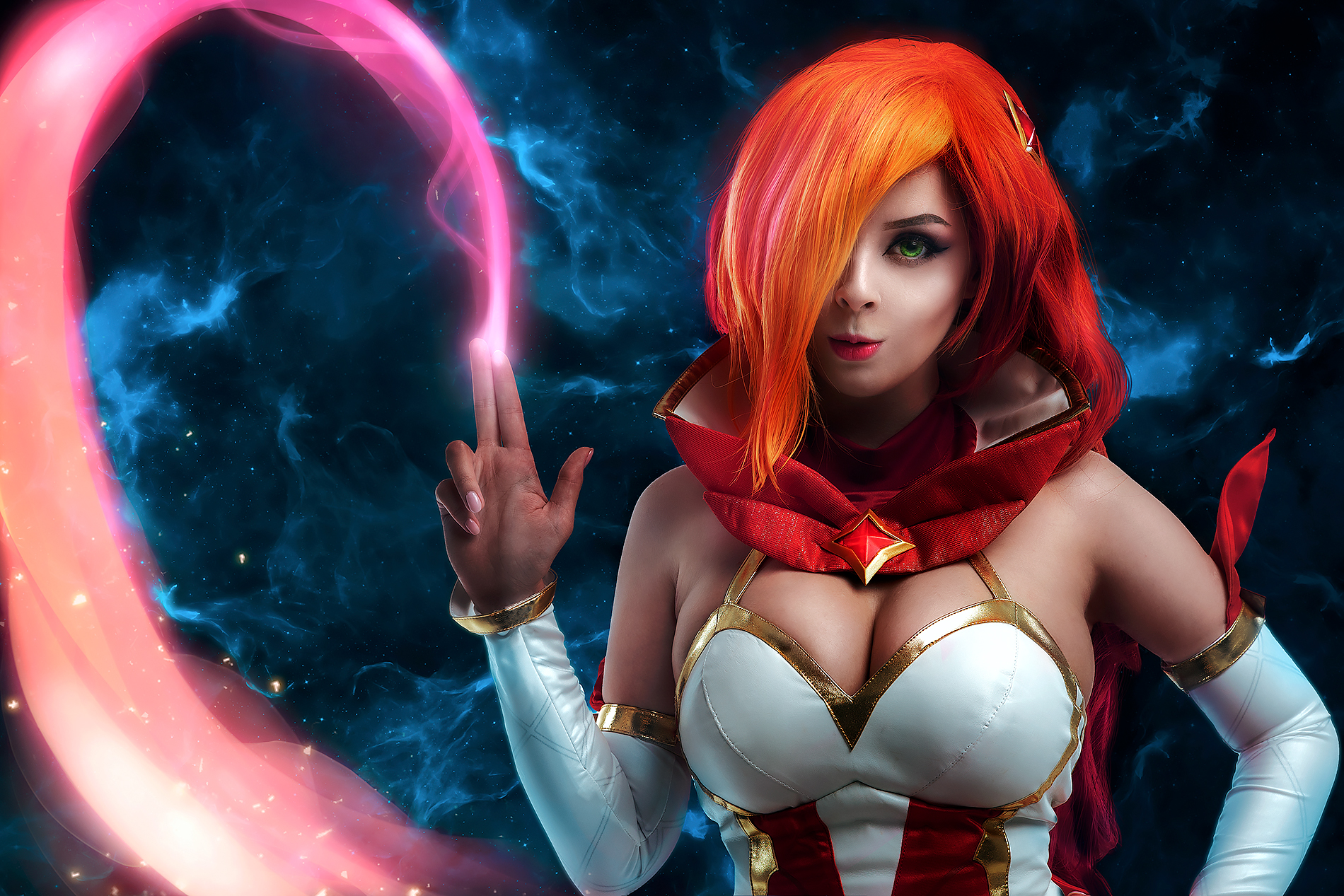 People 1900x1267 Helly von Valentine women model portrait cosplay Miss Fortune (League of Legends) Star Guardian space looking at viewer cleavage League of Legends green eyes video game girls