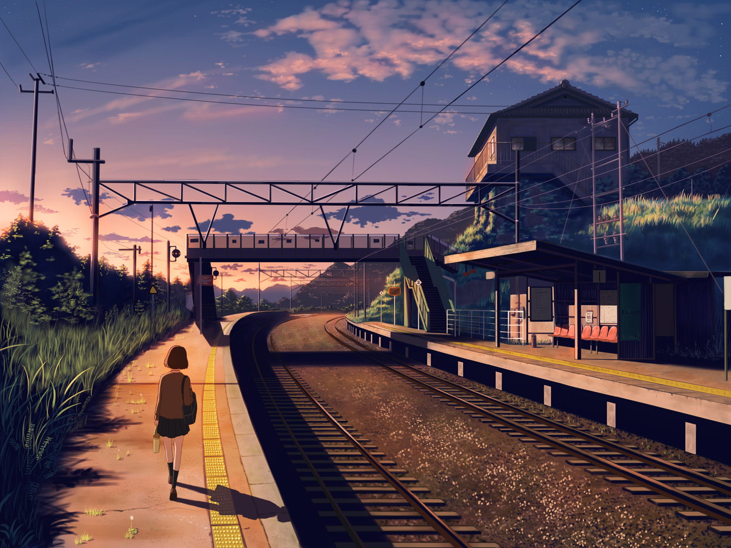 Anime 1467x1100 digital art artwork city urban railway