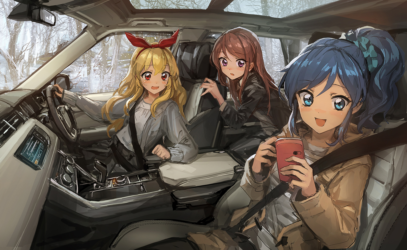 Anime 1384x850 digital art artwork anime girls car car interior anime RHD Range Rover Sport strapboob