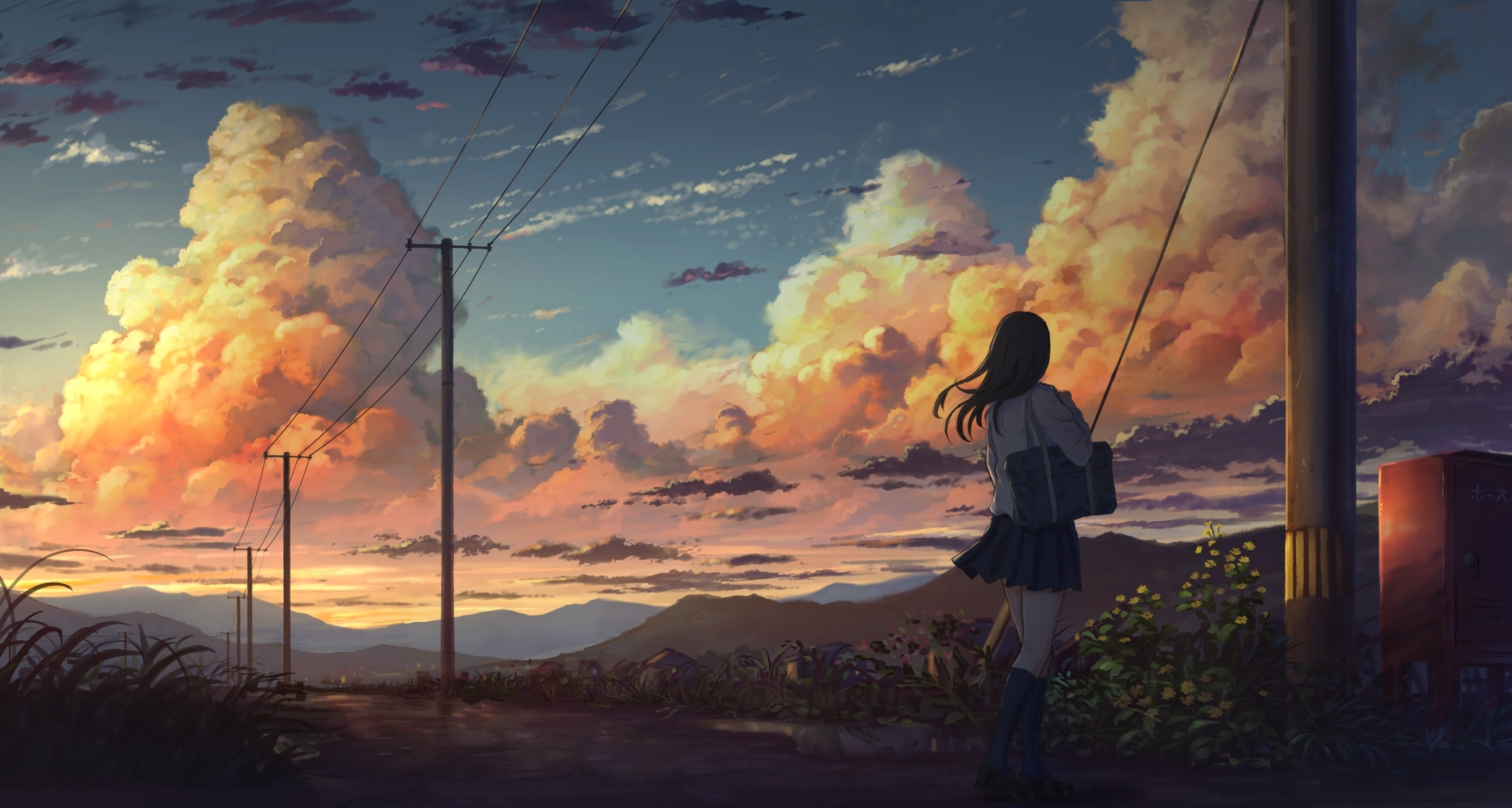 Anime 2785x1488 anime power lines clouds sunset schoolgirl moescape landscape sky school uniform artwork Sugi87 Pixiv