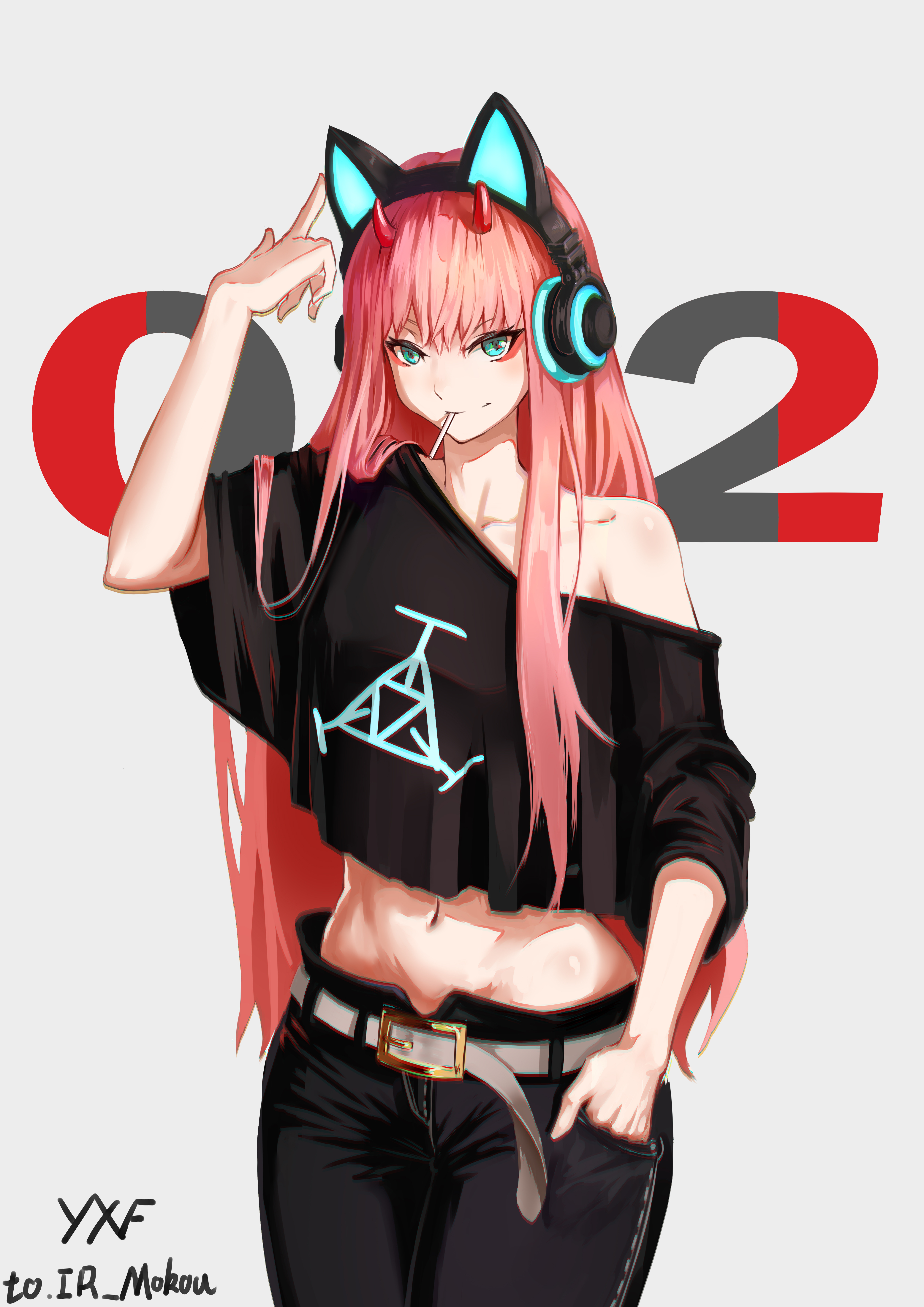 Anime 4960x7014 white background simple background Zero Two (Darling in the FranXX) animal ears Darling in the FranXX headphones horns long hair