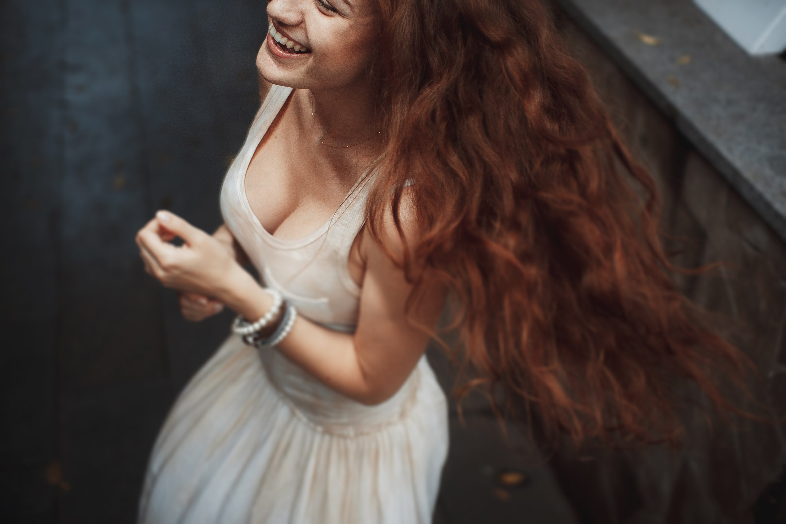People 2560x1707 women model redhead long hair portrait women outdoors smiling necklace cleavage white tops skirt depth of field