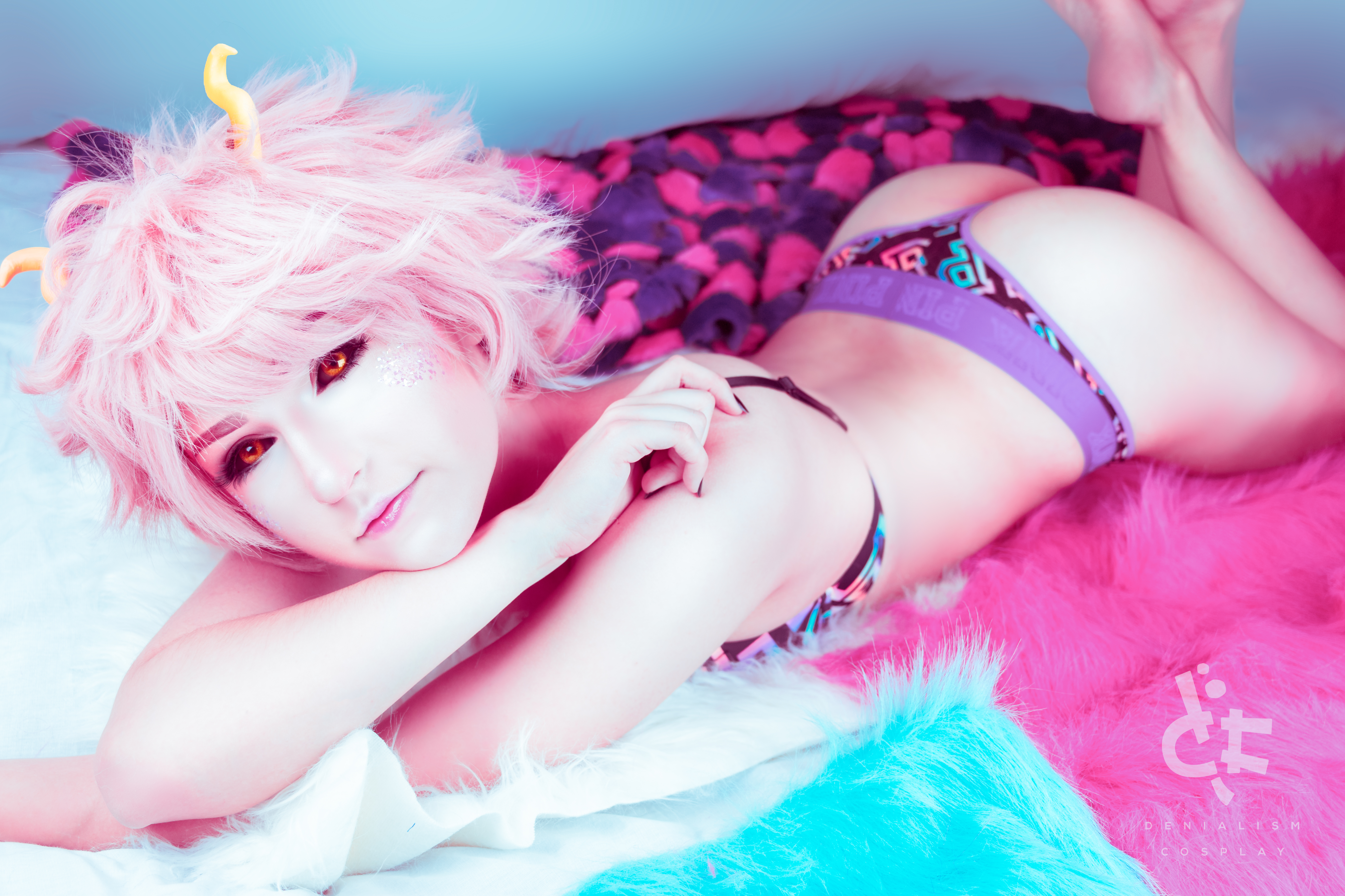 People 6000x4000 Denialism Cosplay cosplay model Ashido Mina Boku no Hero Academia in bed pale lingerie dyed hair pink hair contact lenses black sclera lying on front women